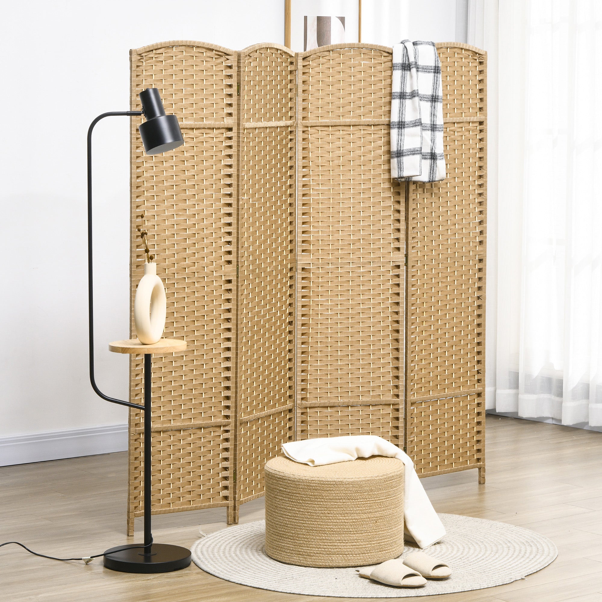 Folding Room Divider Screen 4 Panel 5.6 ' Tall Privacy Screen Freestanding Room Partition for Home Office, Nature Wood