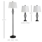 3 Piece Table Floor Lamp Set with Metal Pole, Round Base, and Fabric Lampshade, for Living Room, Black/White