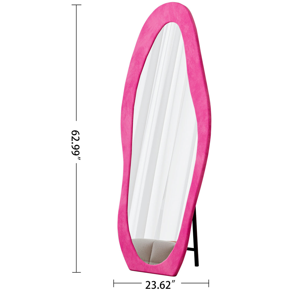 Full-Length Mirror with Flannel-Wrapped Wooden Frame, Irregular Wavy Design, Tempered Glass for Living Room, 63" L x 24" W x 2.5" H, Rose Pink
