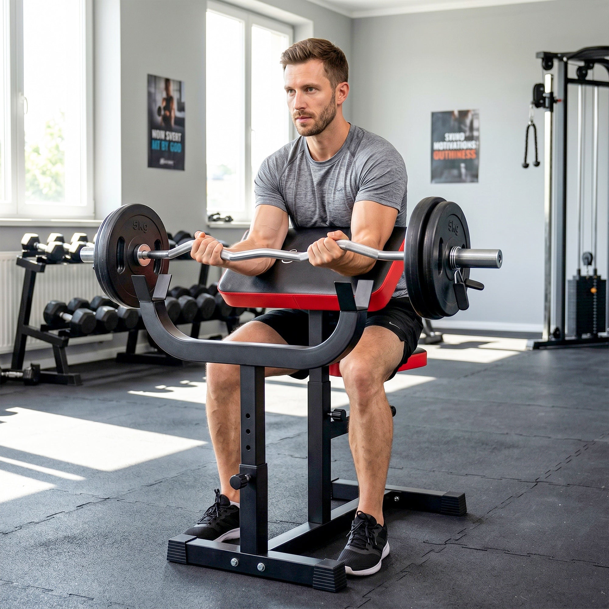 265 LBS Preacher Curl Bench for Strength Training, Adjustable Seated Arm Isolated Barbell Dumbbell Bicep Station, Black