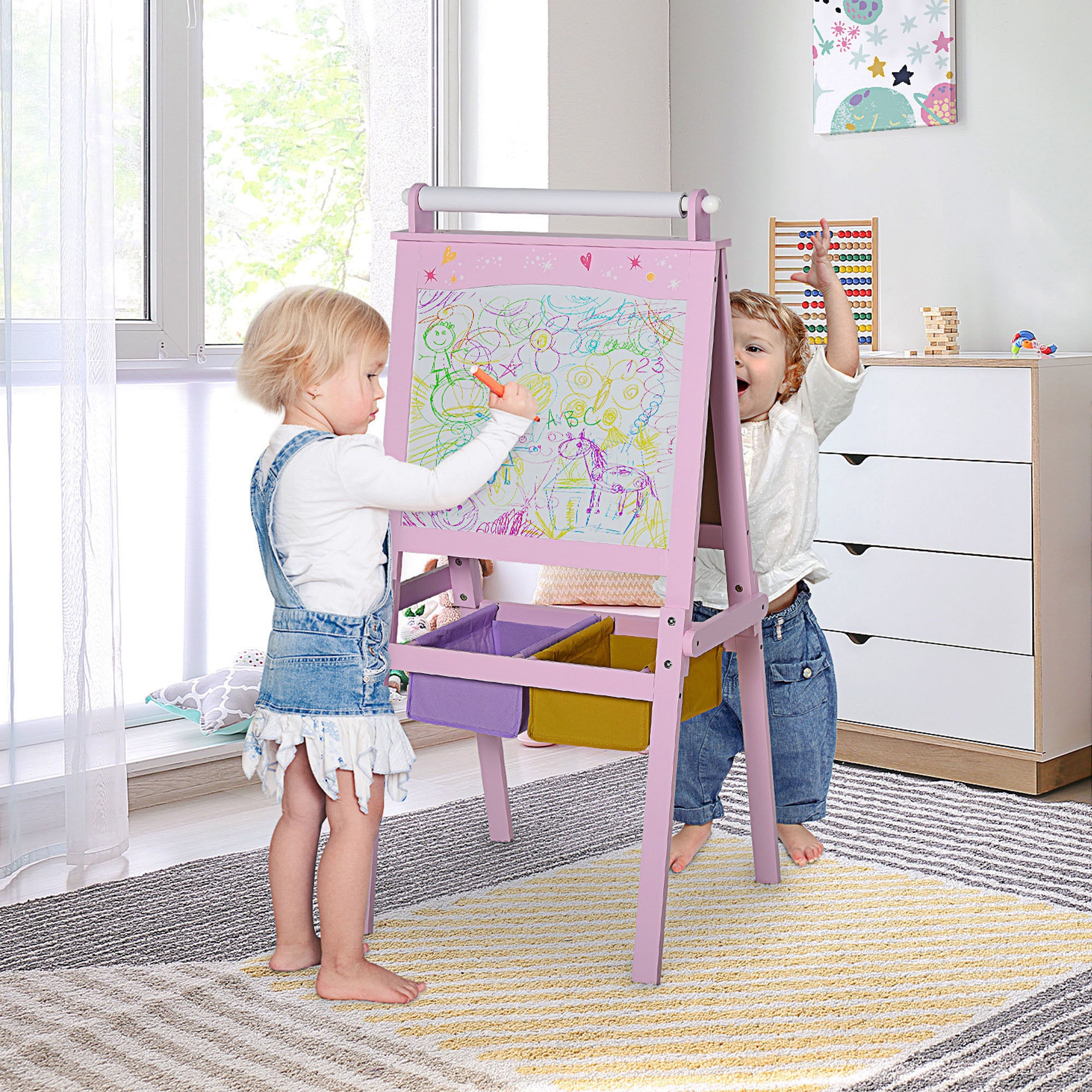 3 In 1 Kids Wooden Art Easel with Paper Roll, Double-Sided, Chalkboard & Whiteboard, Storage Baskets, Pink