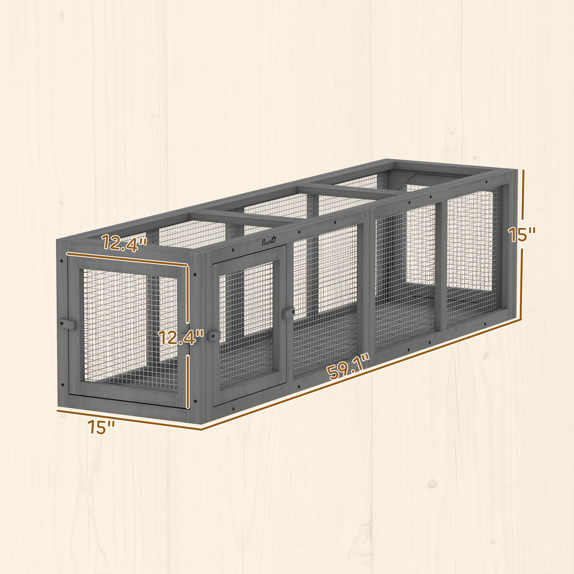 Outdoor Cat Tunnel, 59" Wooden Play Cat Enclosure, Extendable Pet Run with 3 Doors for Kitty, Puppy, Gray
