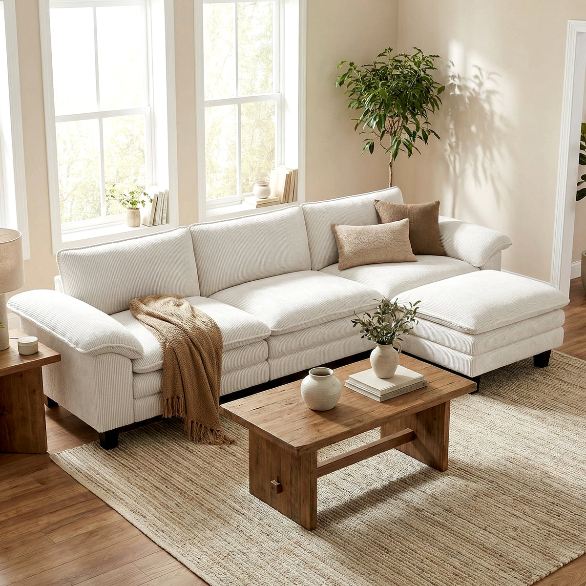 Sectional Sofa, L Shaped Couch with Deep Seat, Movable Ottoman and Pillow-top Armrests, Beige