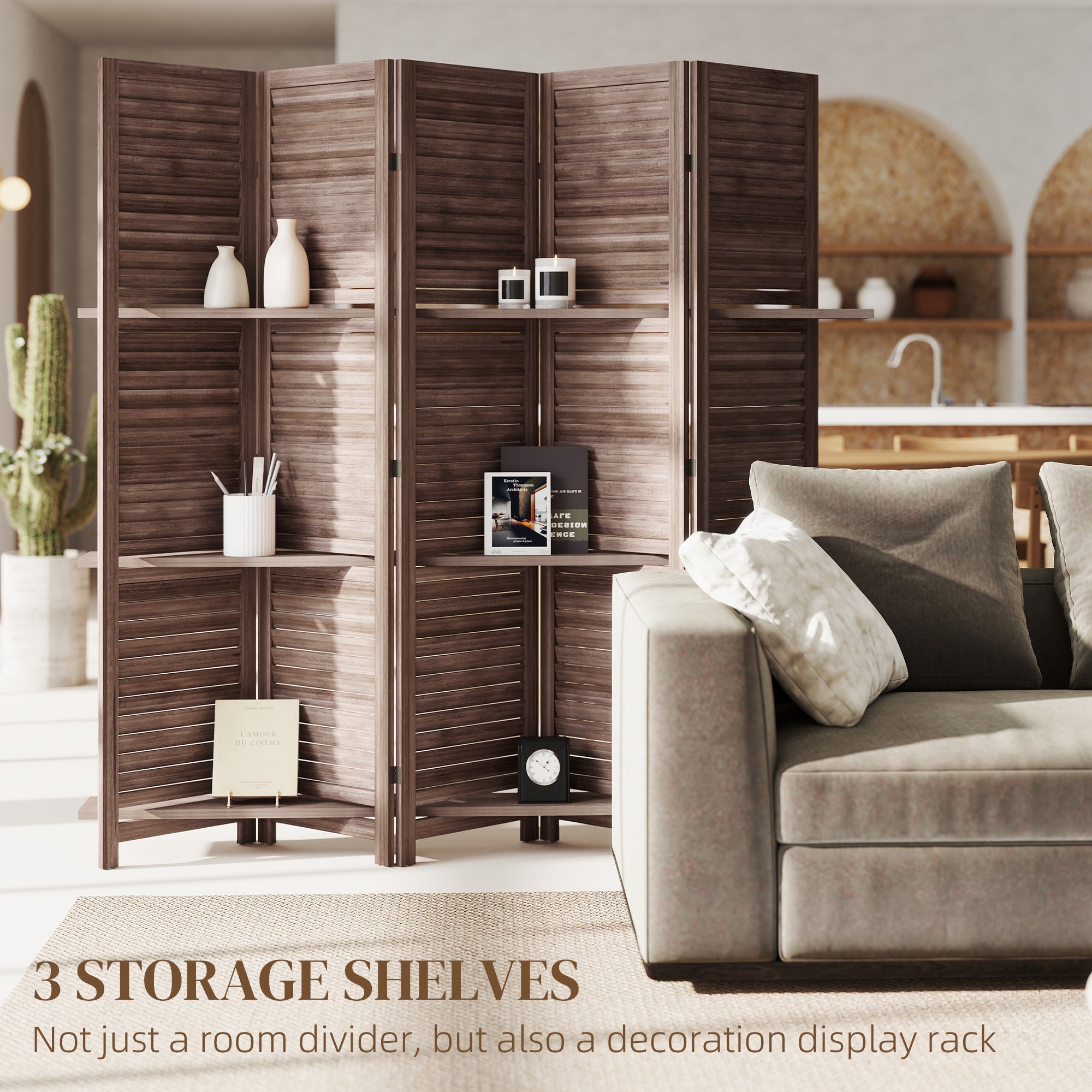 5 Panel 67" Tall Wood Privacy Screen Room Divider with 3 Shelves and Folding Storage for Bedroom, Walnut