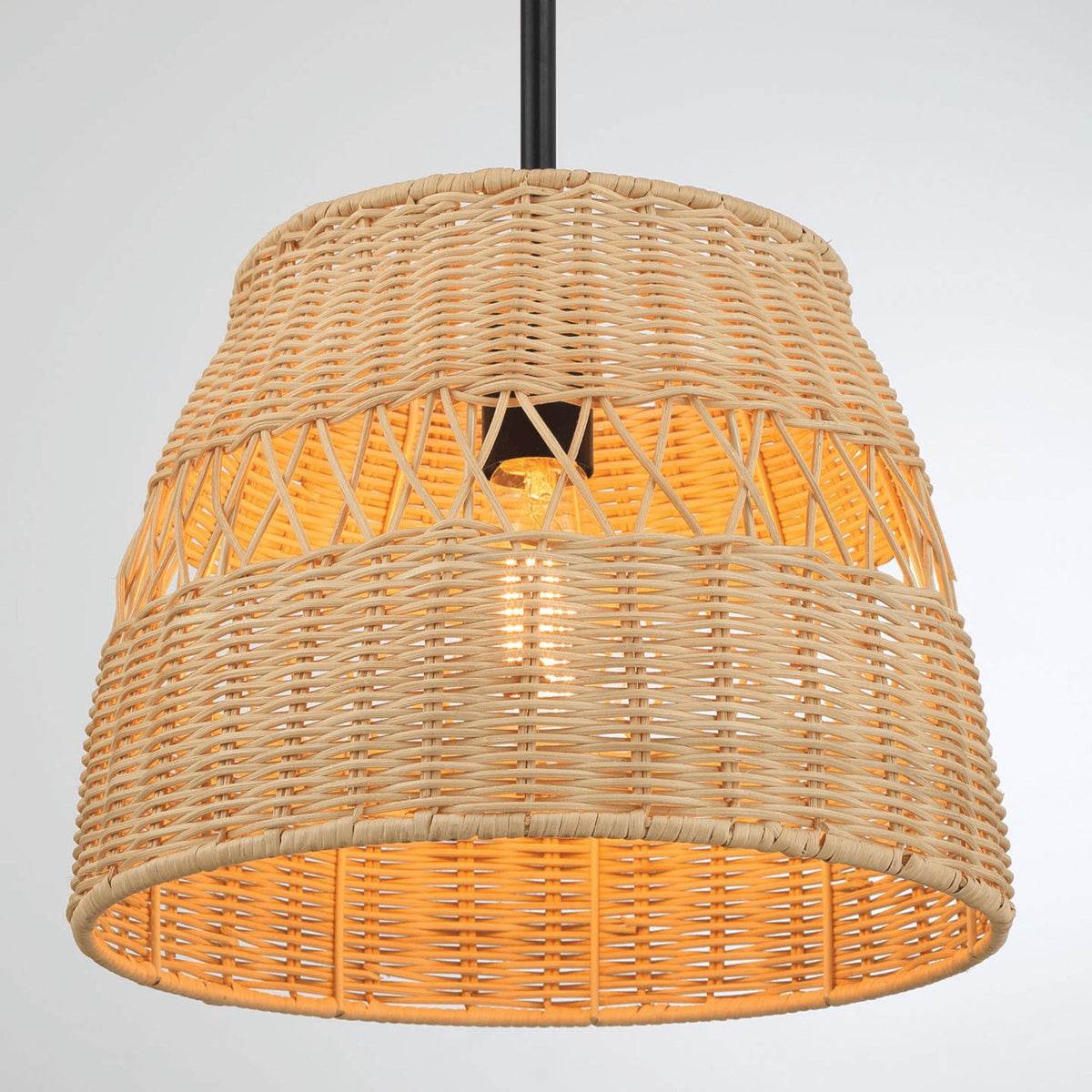 Farmhouse Style Single Light Pendant with Rattan Shade, Black Metal Finish, Ideal for Homer Decor, 12" L x 12" W x 10" H, Black