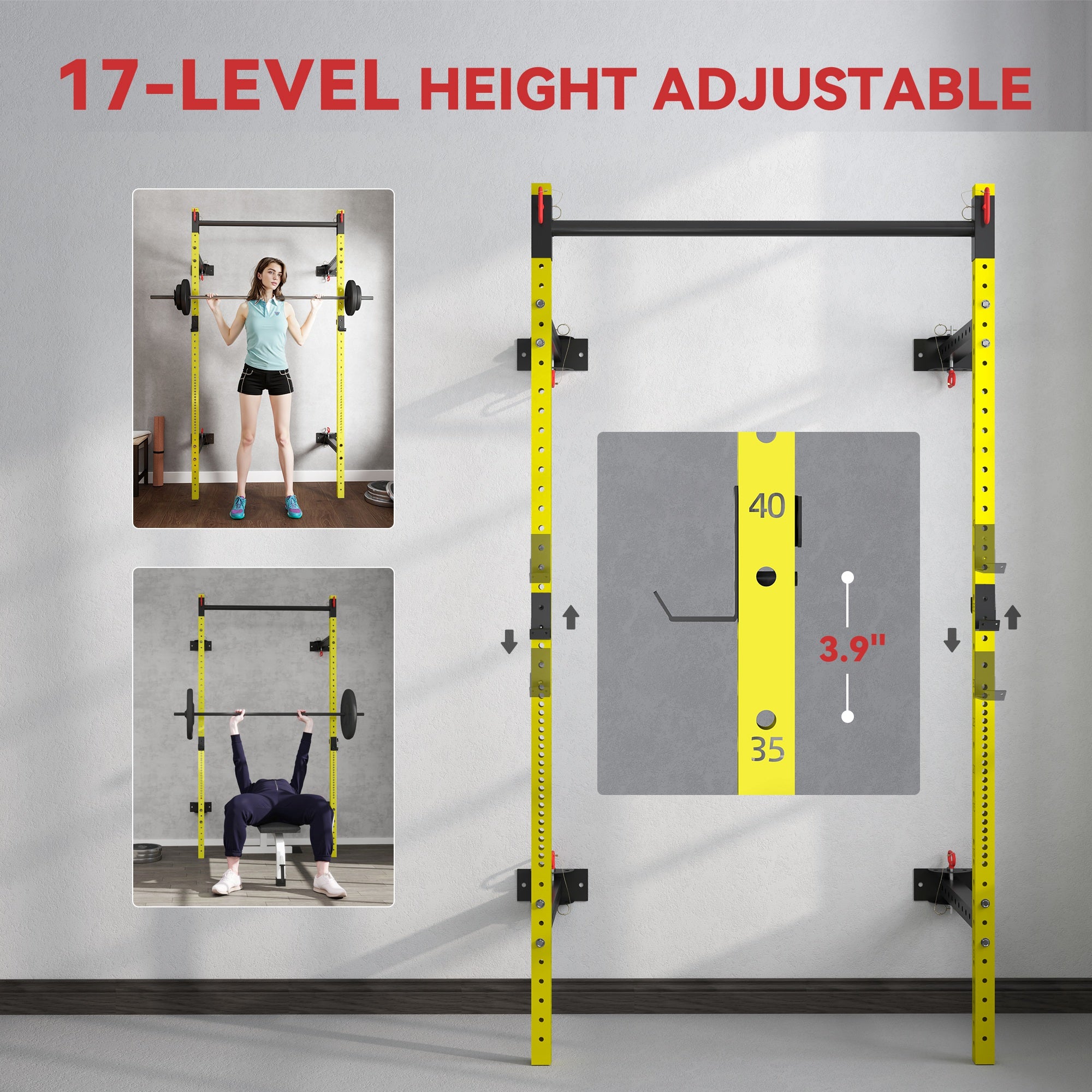 Folding Squat Rack with Pull Up Bar, Wall Mounted and Adjustable, 1000 Pounds Capacity Power Rack, Yellow