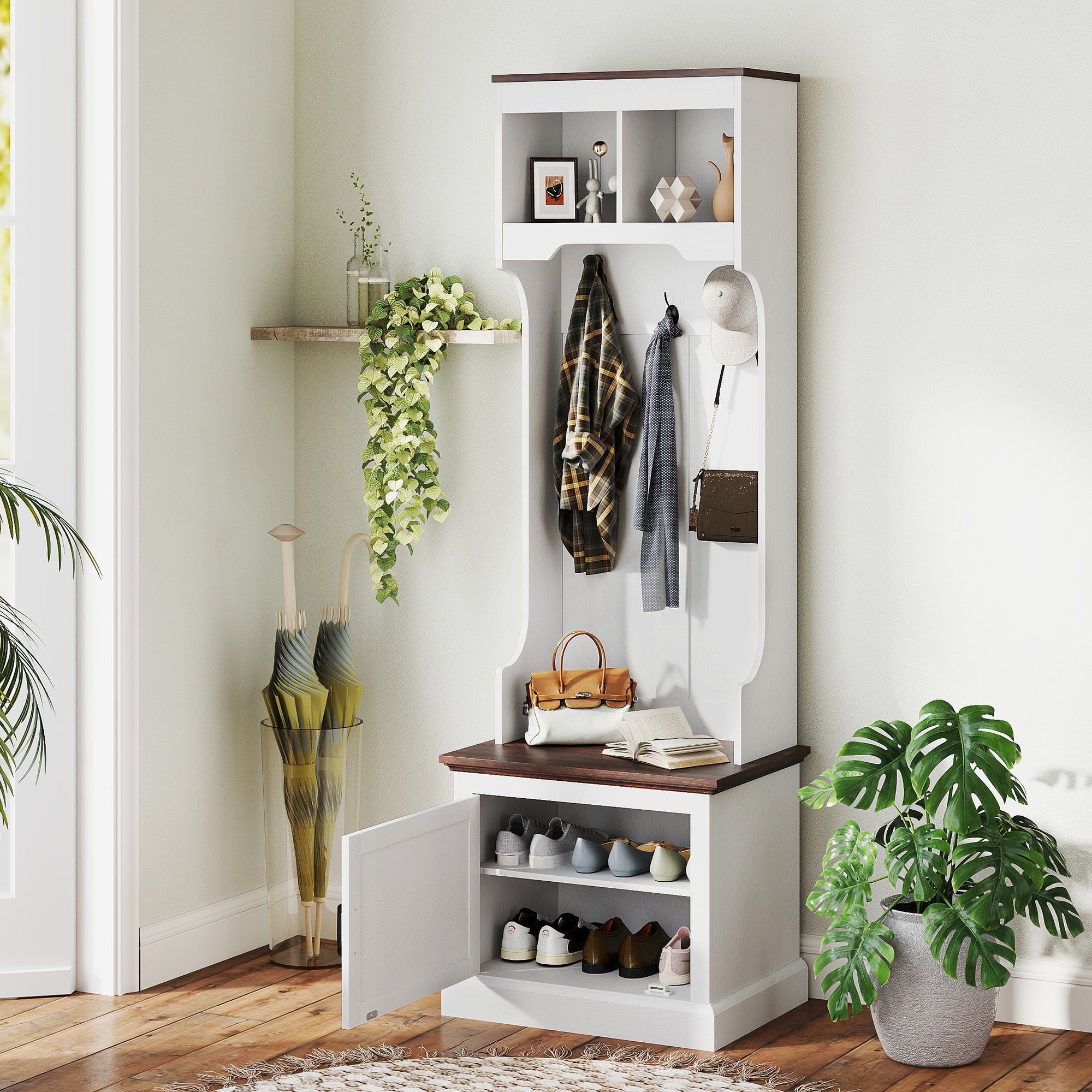 3-in-1 Hall Tree with Shoe Storage, Coat Rack with Bench, Entryway Furniture with Five Hooks, White Wood Grain