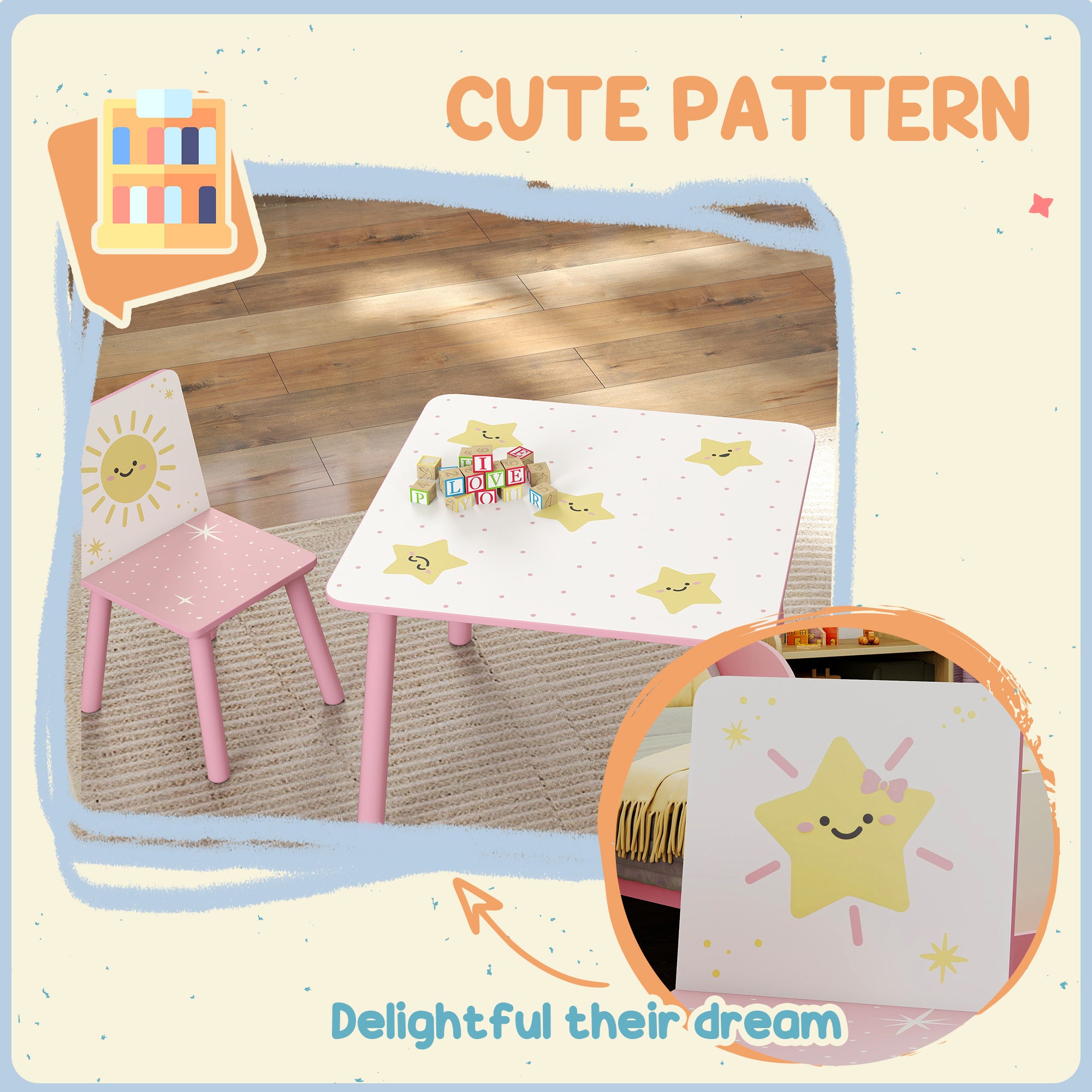 3-Piece Kids Toddler Table and Chair Set Furniture for Boys and Girls Aged 3-8, Bedroom, Nursery, Playroom, Pink