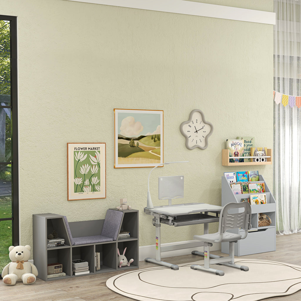 6-Cubby Kids Bookcase with Reading Nook and Cushion, Multi-Purpose Storage Organizer for Bedroom, Living Room, Grey
