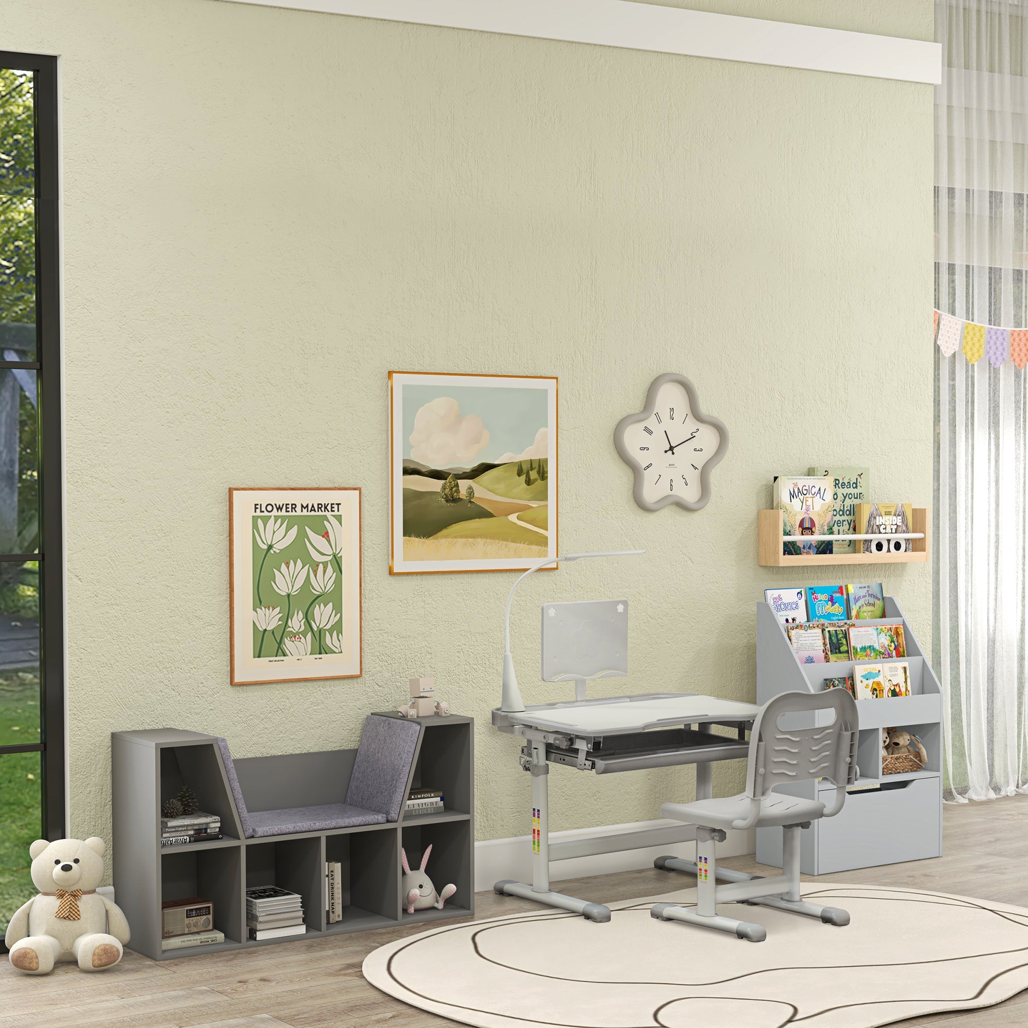 6-Cubby Kids Bookcase with Reading Nook and Cushion, Multi-Purpose Storage Organizer for Bedroom, Living Room, Grey
