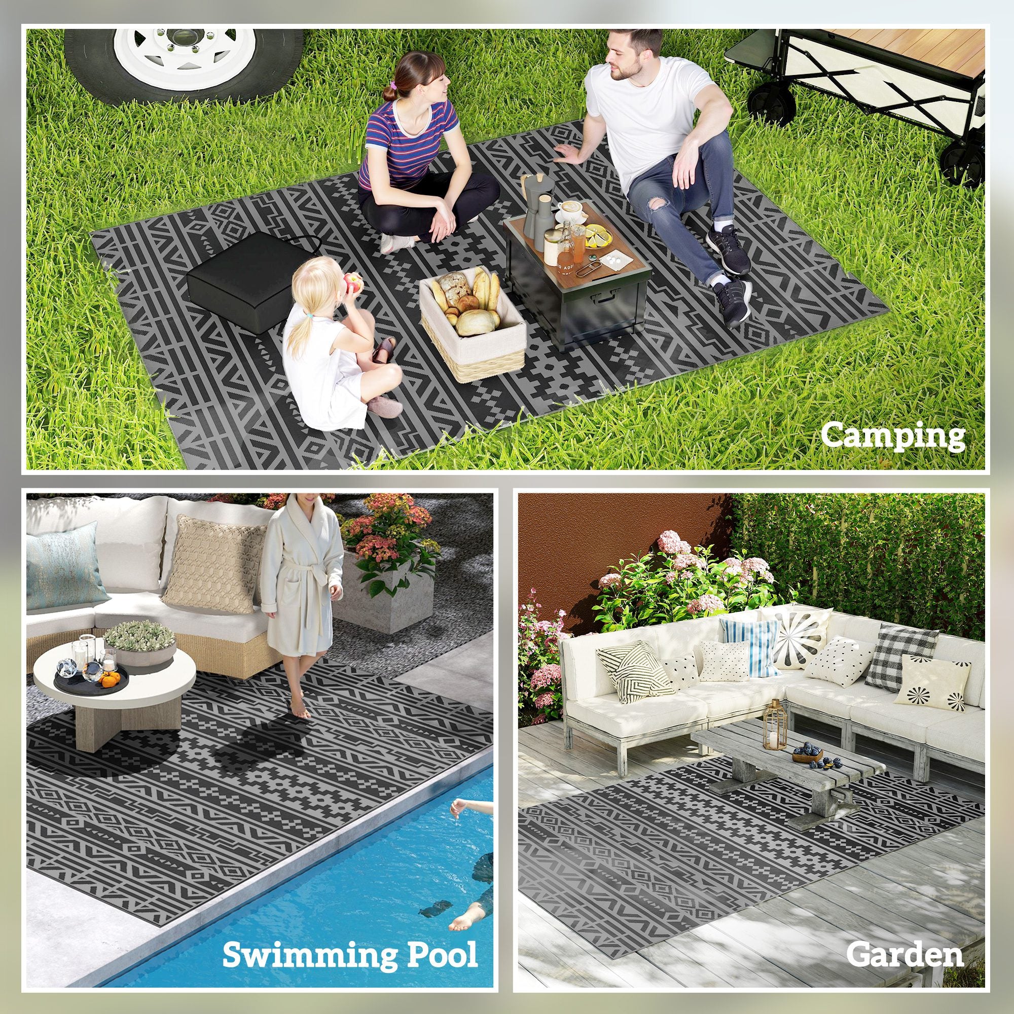 Reversible Outdoor Rug, Waterproof Plastic Straw with Carry Bag, 6' x 9', Black & Gray Geometric Wall