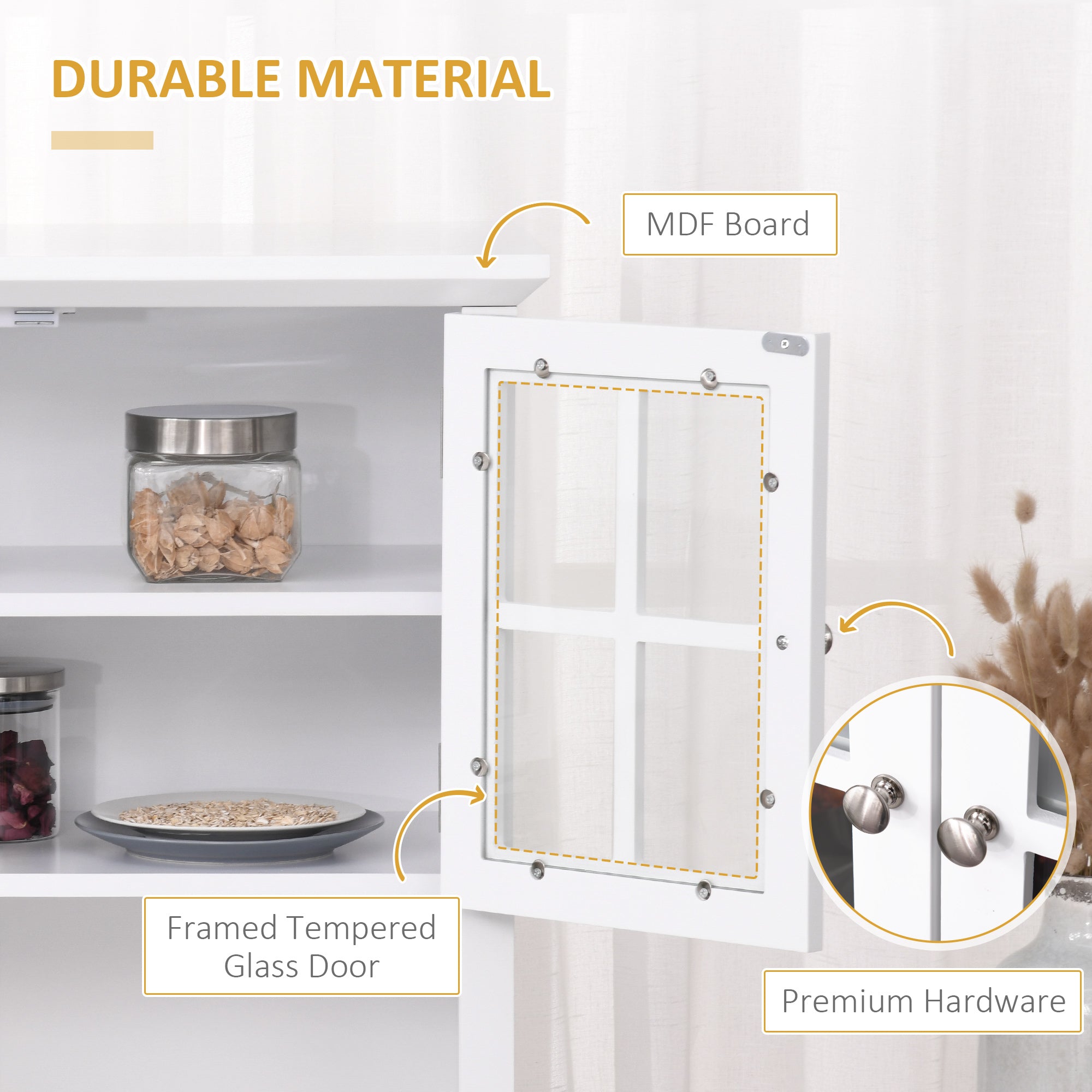 Kitchen Buffet Hutch Cabinet, Freestanding Kitchen Pantry Storage Cabinet Cupboard with Framed Glass Door, Drawer and Microwave Space, White