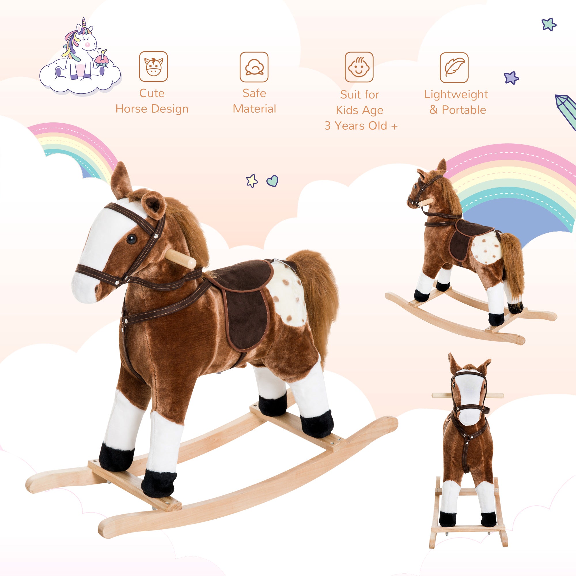 Kids Plush Toy Rocking Horse Pony Toddler Ride on Animal for Girls Pink Birthday Gifts with Realistic Sounds, Brown