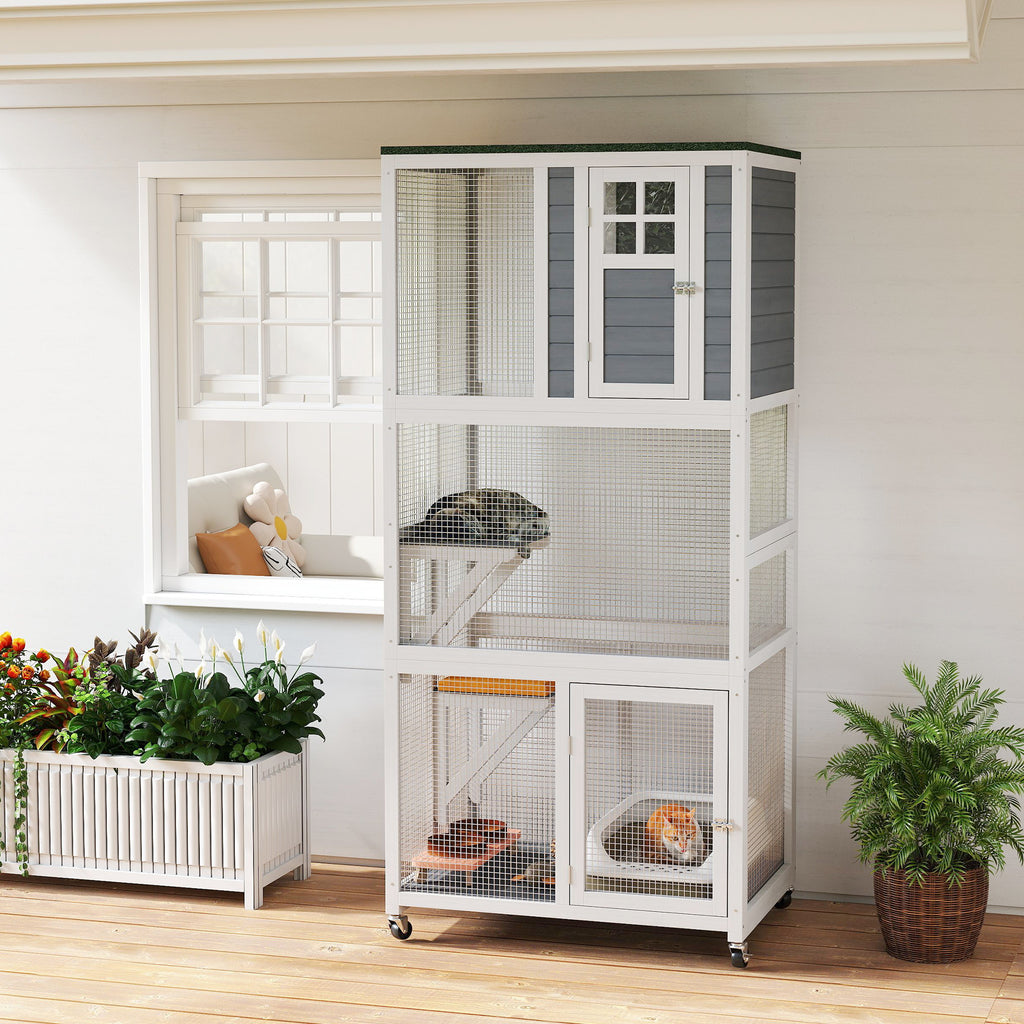 74" Wooden Catio Outdoor Cat Enclosure Weatherproof & Wheeled, Outside Cat House with High Weight Capacity, Kitten Cage Condo, White