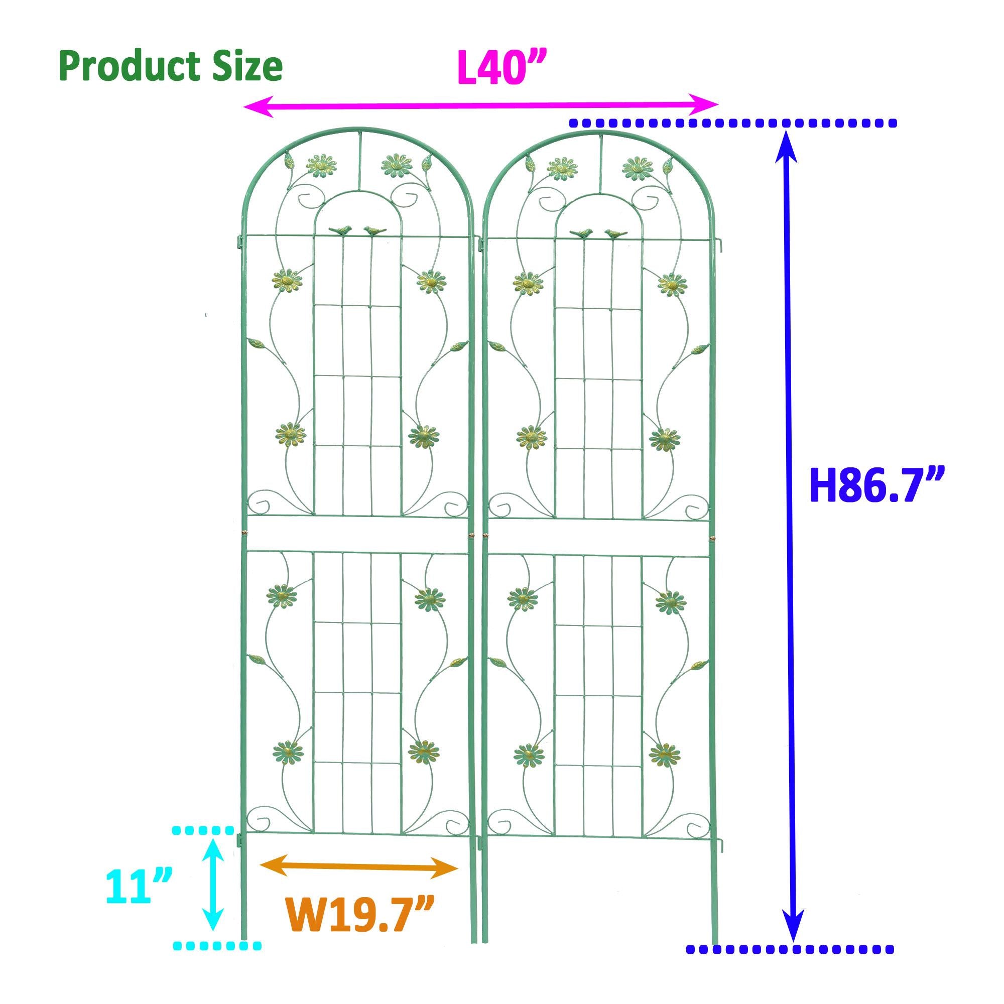 2 Pack Metal Garden Trellis with Leaves and Flower Decorations, Rustproof Climbing Plant Support, 87" Height, Green