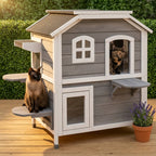 2-story Cat House Outdoor, Weatherproof Wooden Cat Enclosure for Feral Cats with Escape Door, Openable Roof, Jumping Platforms, Gray