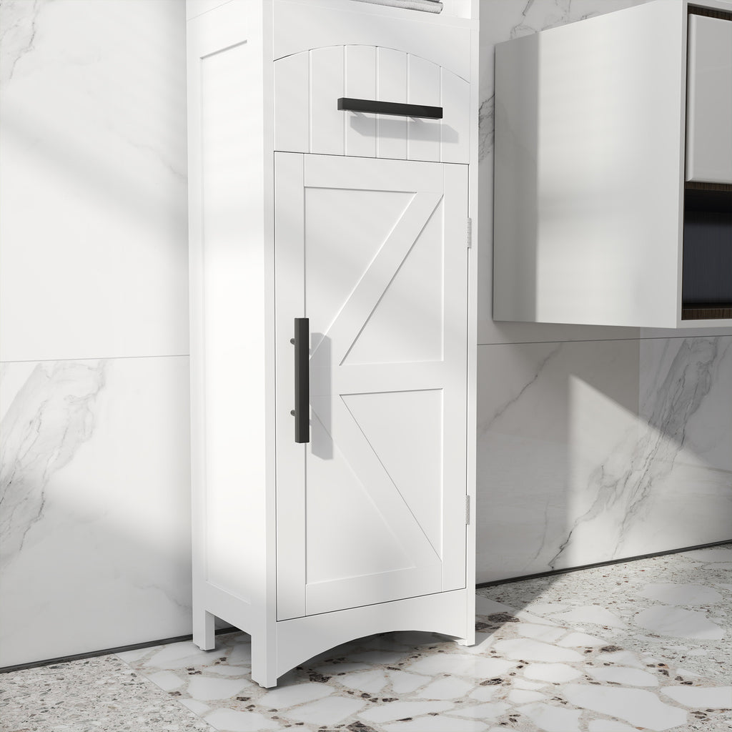 Farmhouse Tall Slim Bathroom Storage Cabinet with Recessed Drawer, Narrow Cabinet with Barn Door, White