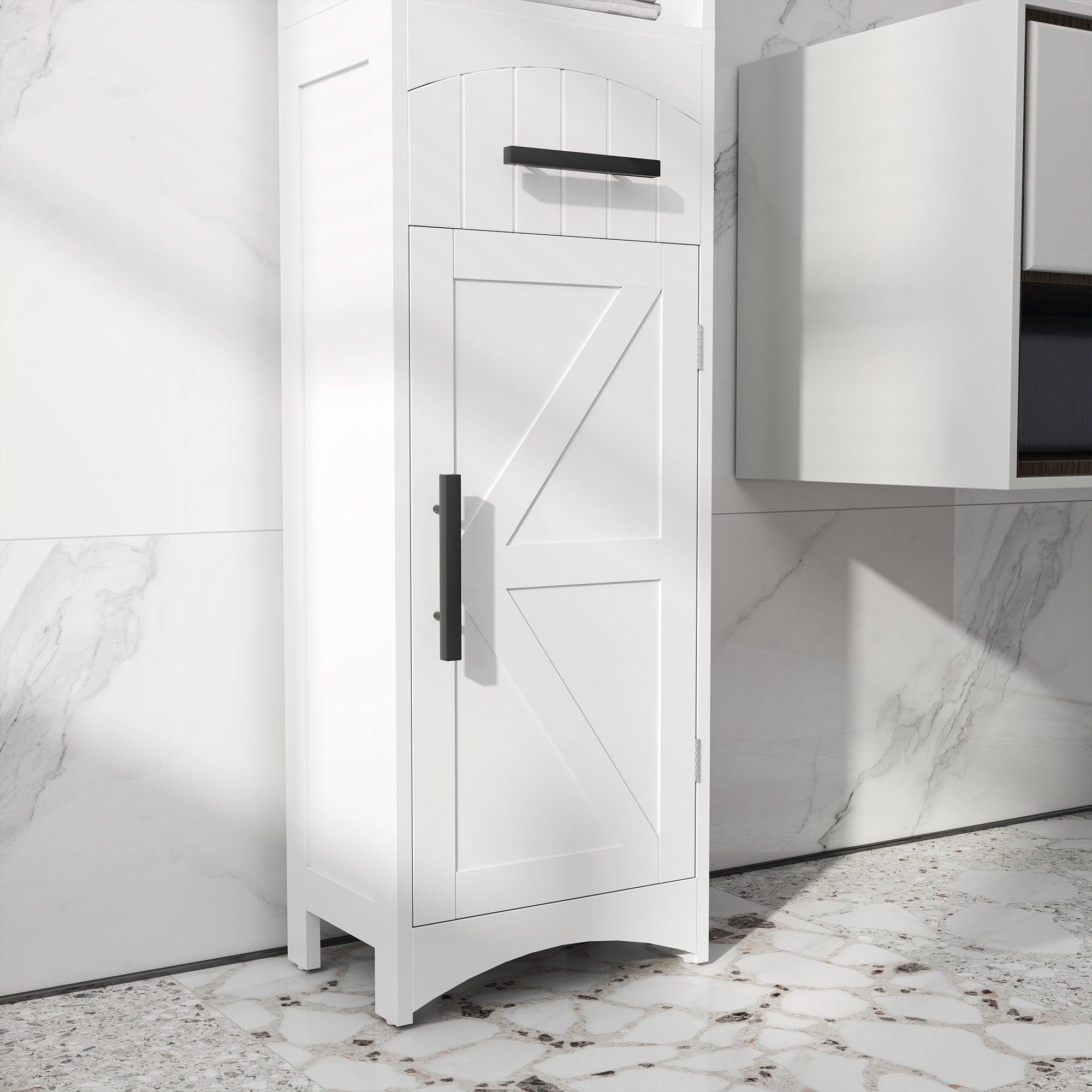 Farmhouse Tall Slim Bathroom Storage Cabinet with Recessed Drawer, Narrow Cabinet with Barn Door, White