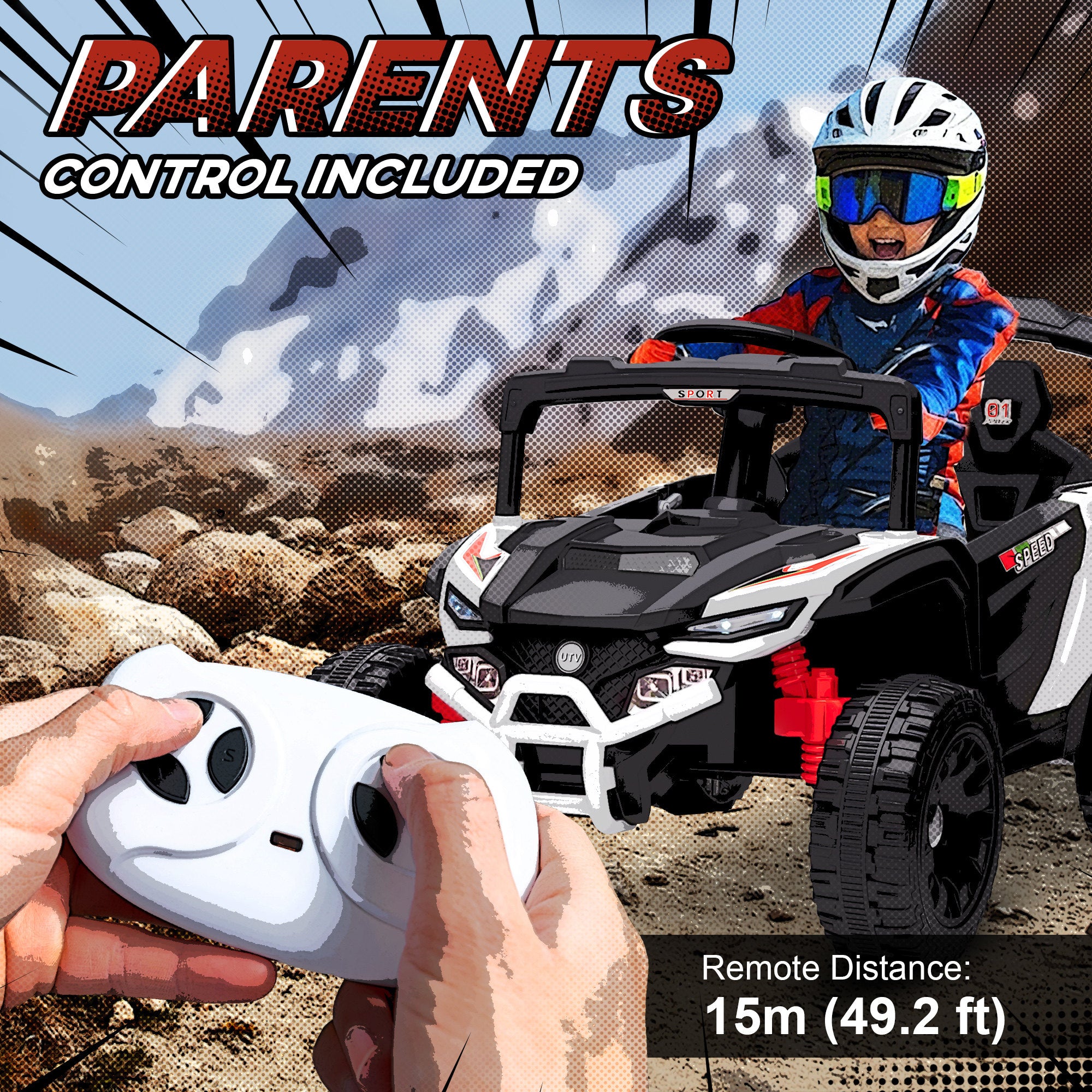 12V Kids Ride On Truck, Battery Powered Electric UTV Vehicle with Rear Suspension, Remote Control for 3-5 Years, White