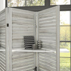 4 Panel 67" Tall Wood Privacy Screen Room Divider with 3 Shelves and Folding Storage for Bedroom, Distressed White