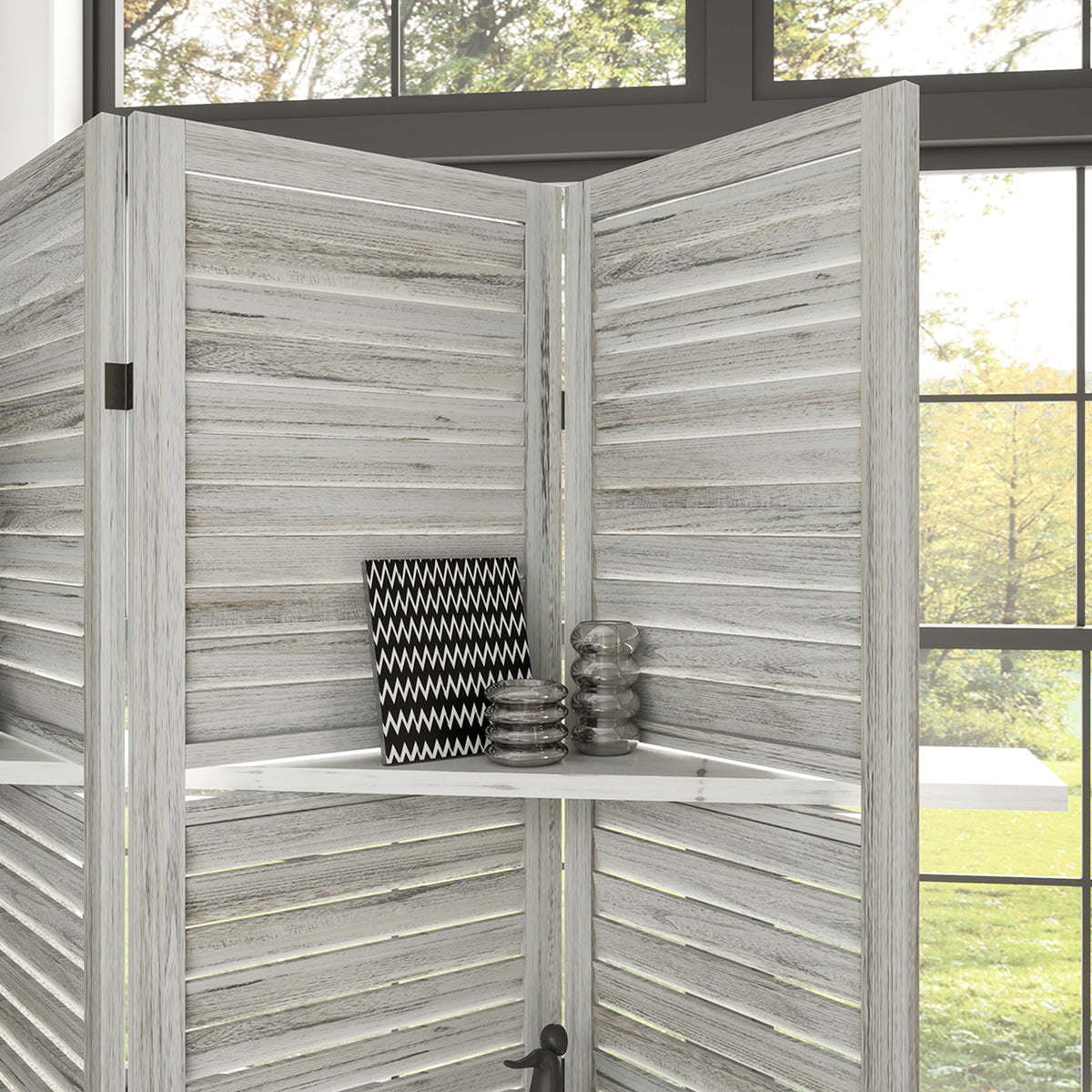 4 Panel 67" Tall Wood Privacy Screen Room Divider with 3 Shelves and Folding Storage for Bedroom, Distressed White