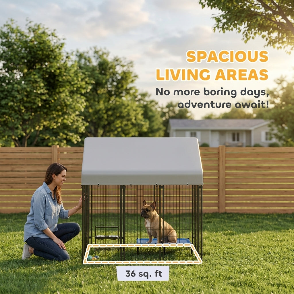 Outdoor Dog Kennel with Roof, 6' x 6' x 6' Heavy Duty Welded Wire Dog Playpen Enclosure with Escape-proof Lock