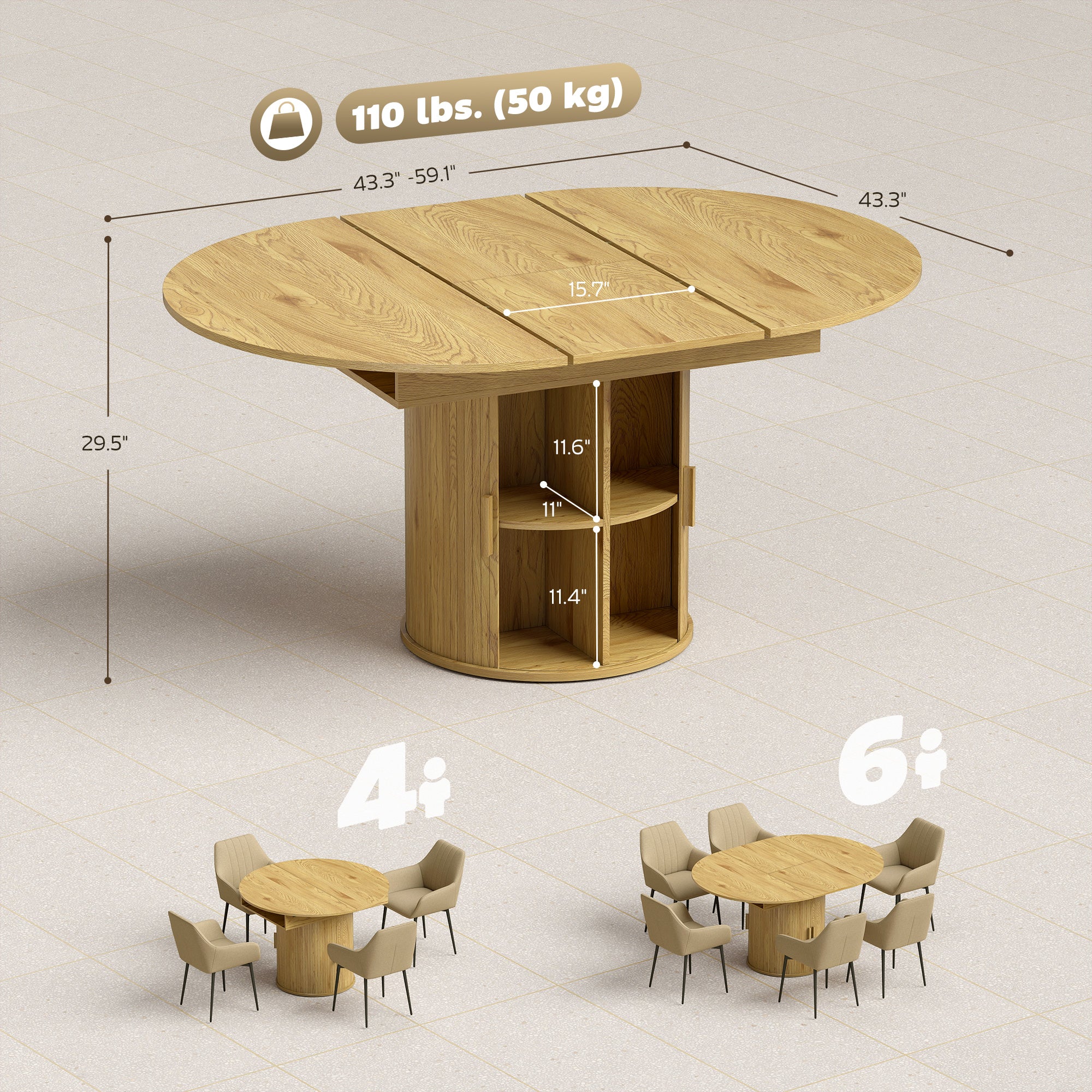 Extendable Dining Table for 6, 60" Farmhouse Kitchen Table with 2-Tier Storage Shelf and Fluted Sliding Doors, Natural