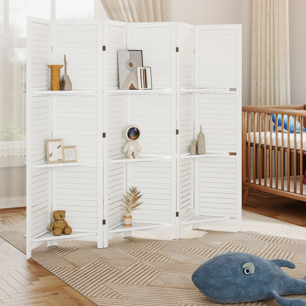 6 Panel 67" Tall Wood Privacy Screen Room Divider with 3 Shelves and Folding Storage for Bedroom, White