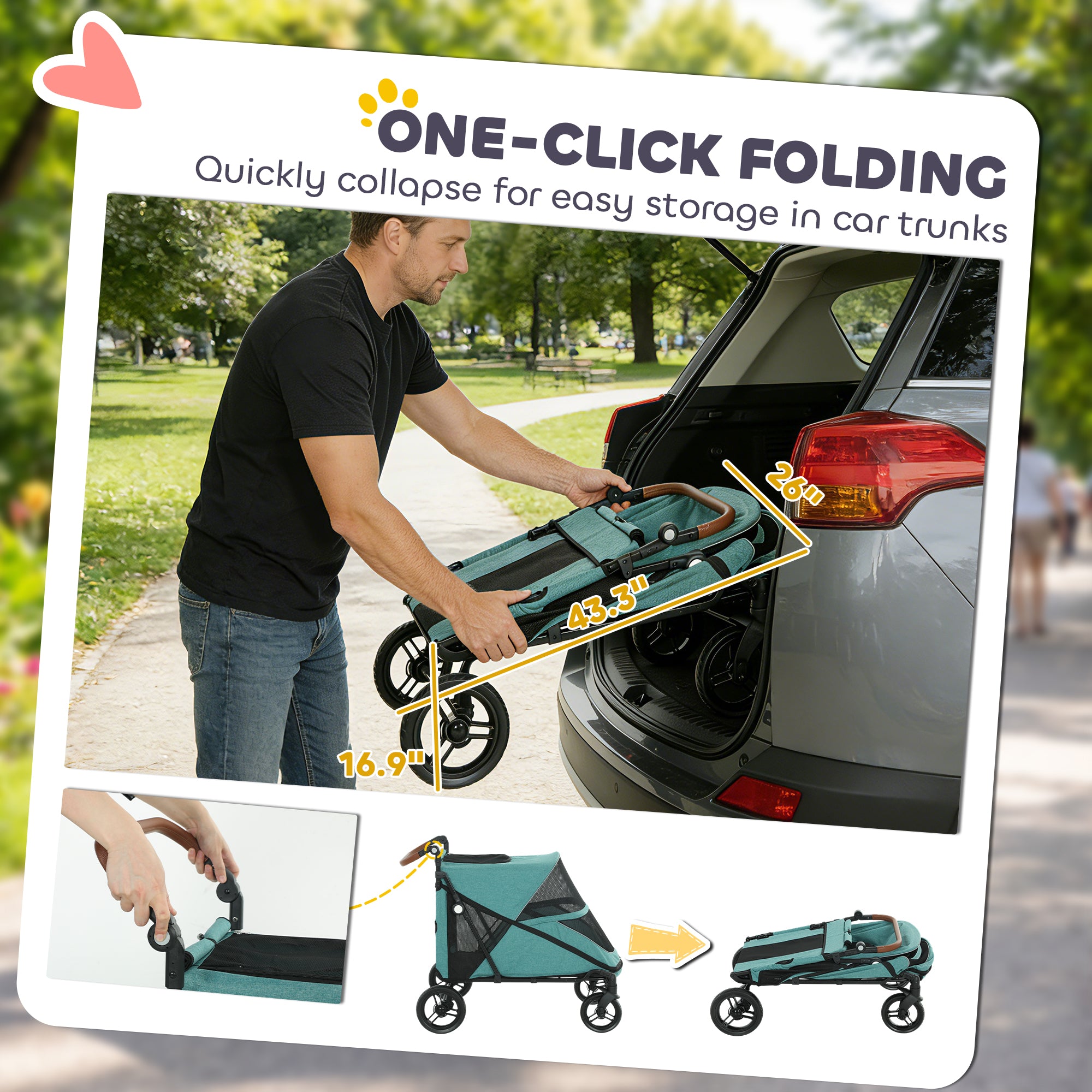 Dog Stroller for Large Dogs Up to 66 LBS with All-Terrain Spring Suspension, 8-Position Adjustable Handle, Teal