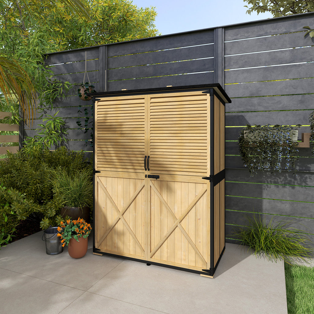 Wood Storage Shed, Outdoor Garden Shed with Asphalt Roof, 2 Shelves, Lockable Doors and Adjustable Feet, Natural