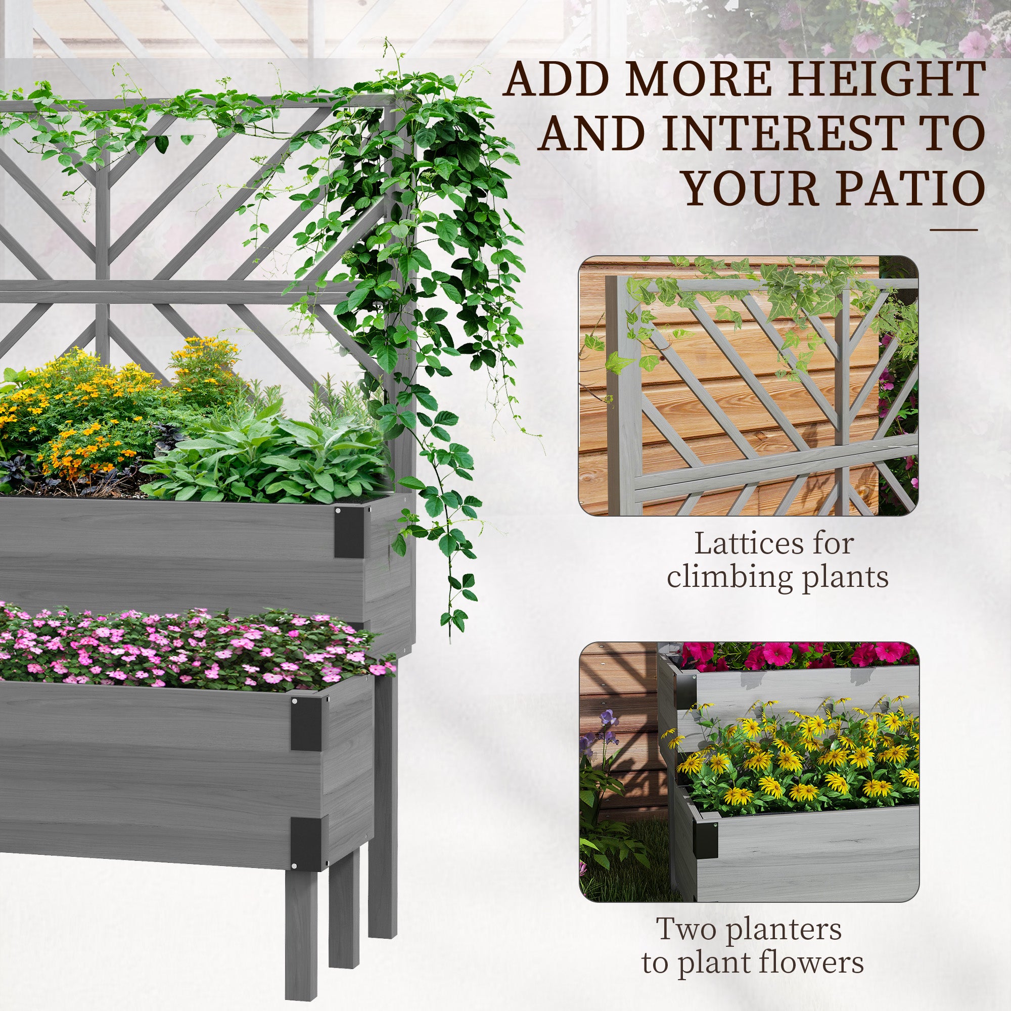 2 Tier Trellis Planter, Wooden Raised Garden Bed, Gray