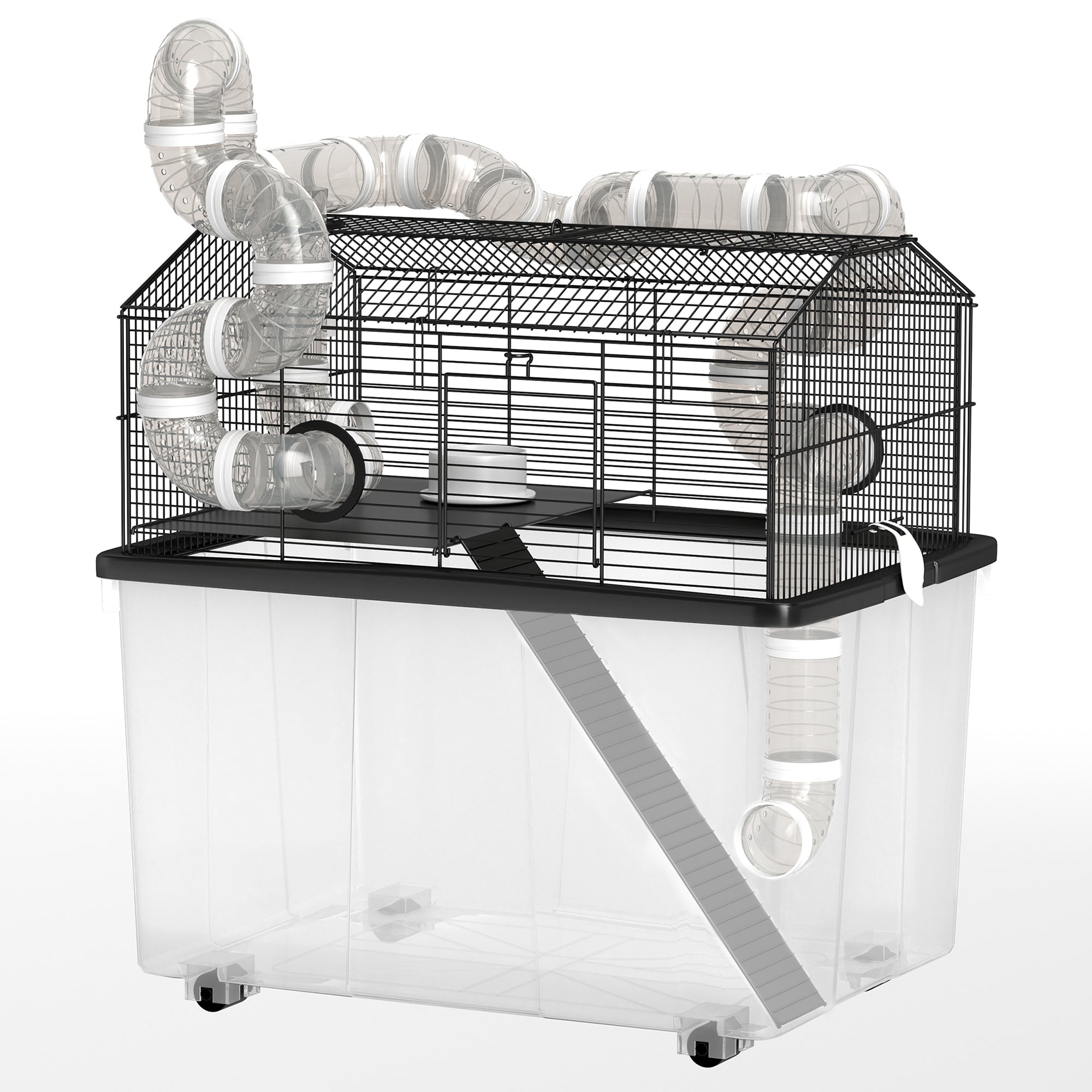 2 Tier Hamster Cage with 12" Deep Tray, Tube System, Water Bottle, Ramp, Feeding Bowl, 23" x 17" x 22", Black