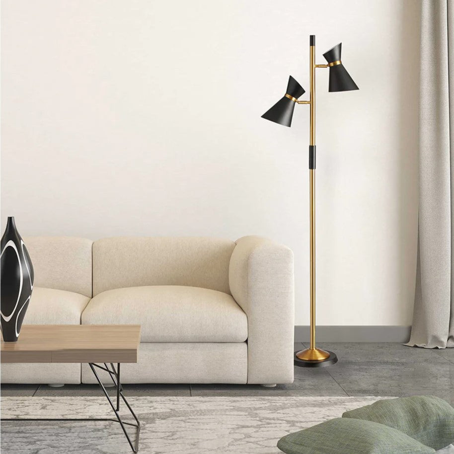 Axis Brassed Gold Floor Lamp with 4-Way Switch, Double Spots, Metal Base, 22" L x 10" W x 62" H, Black+Gold