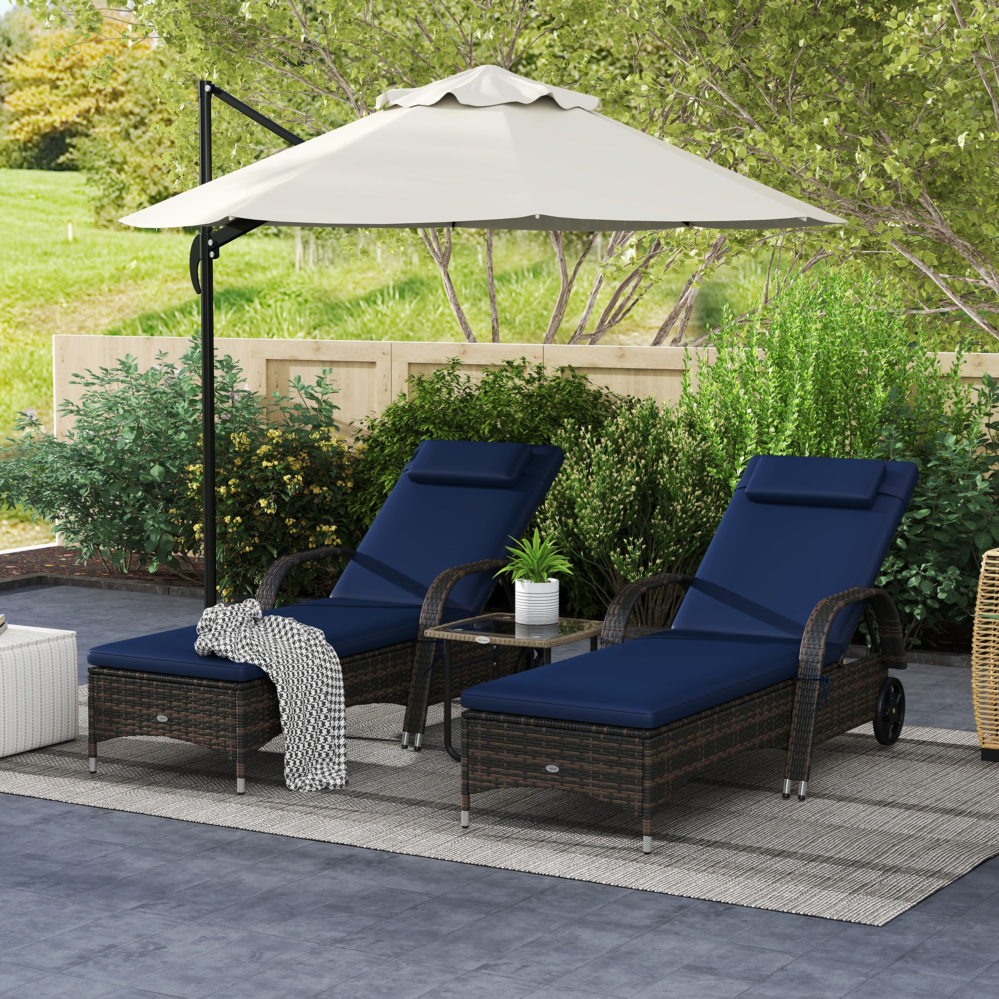 2 Reclining Chaise Lounge Chairs, Rolling Outdoor Chairs with Cushion, Pillow, Headrest, Armrests, and Wheels, Dark Blue