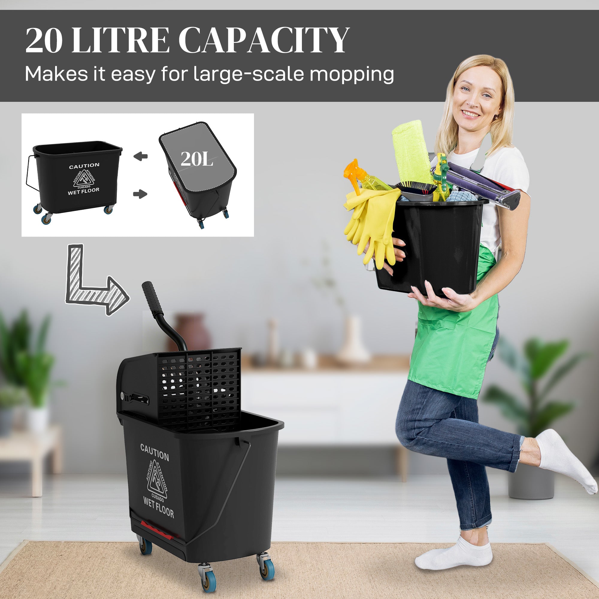 Compact Mop Bucket with Wringer, Mop Bucket on Wheels, 21 Quart, Separate Dirty and Clean Water, Black