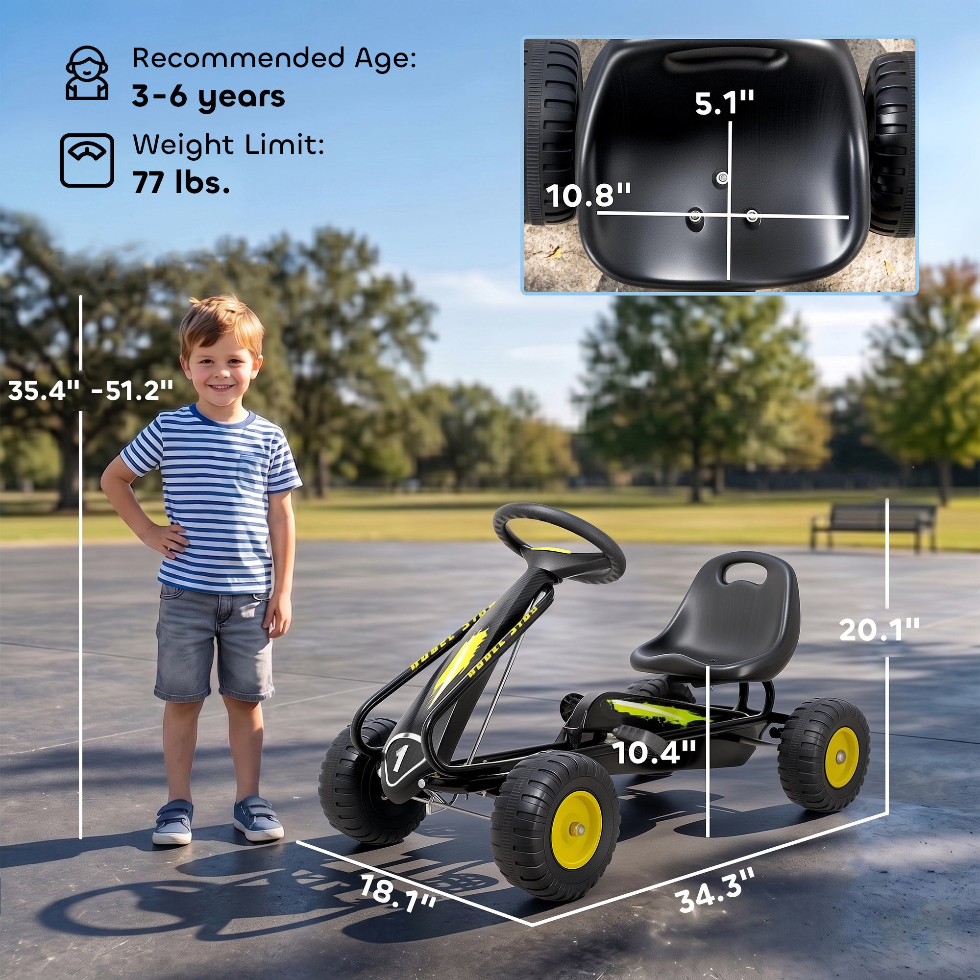 Pedal Go Kart for Kids with Adjustable Seat, Backrest, Outdoor Racer Ride On Pedal Car for Boys Girs 3-6 Years, Black