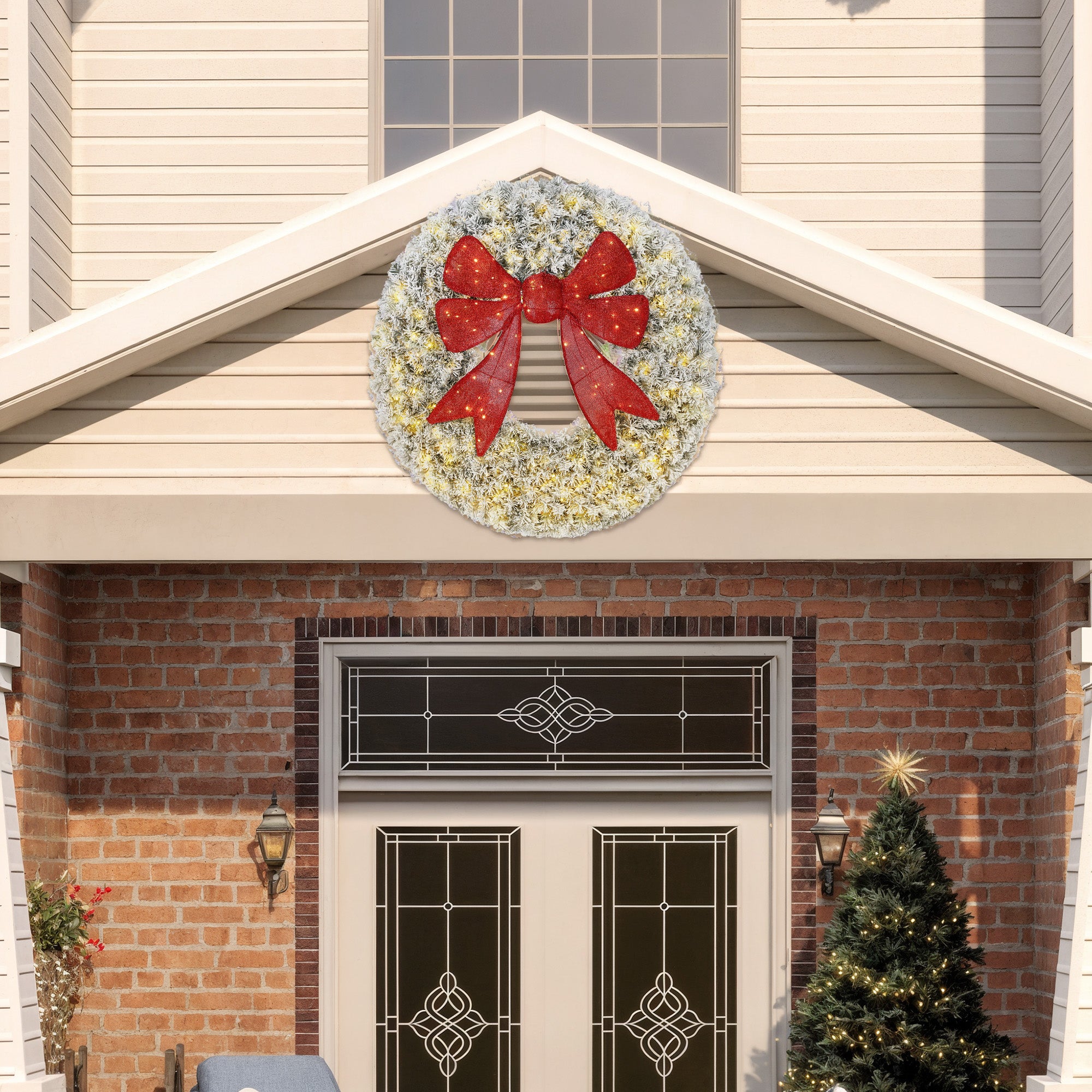 48in Flocked Pre-Lit Christmas Wreath with 3D Red Bow, 11 Lighting Modes, Front Door Christmas Wreath with Remote