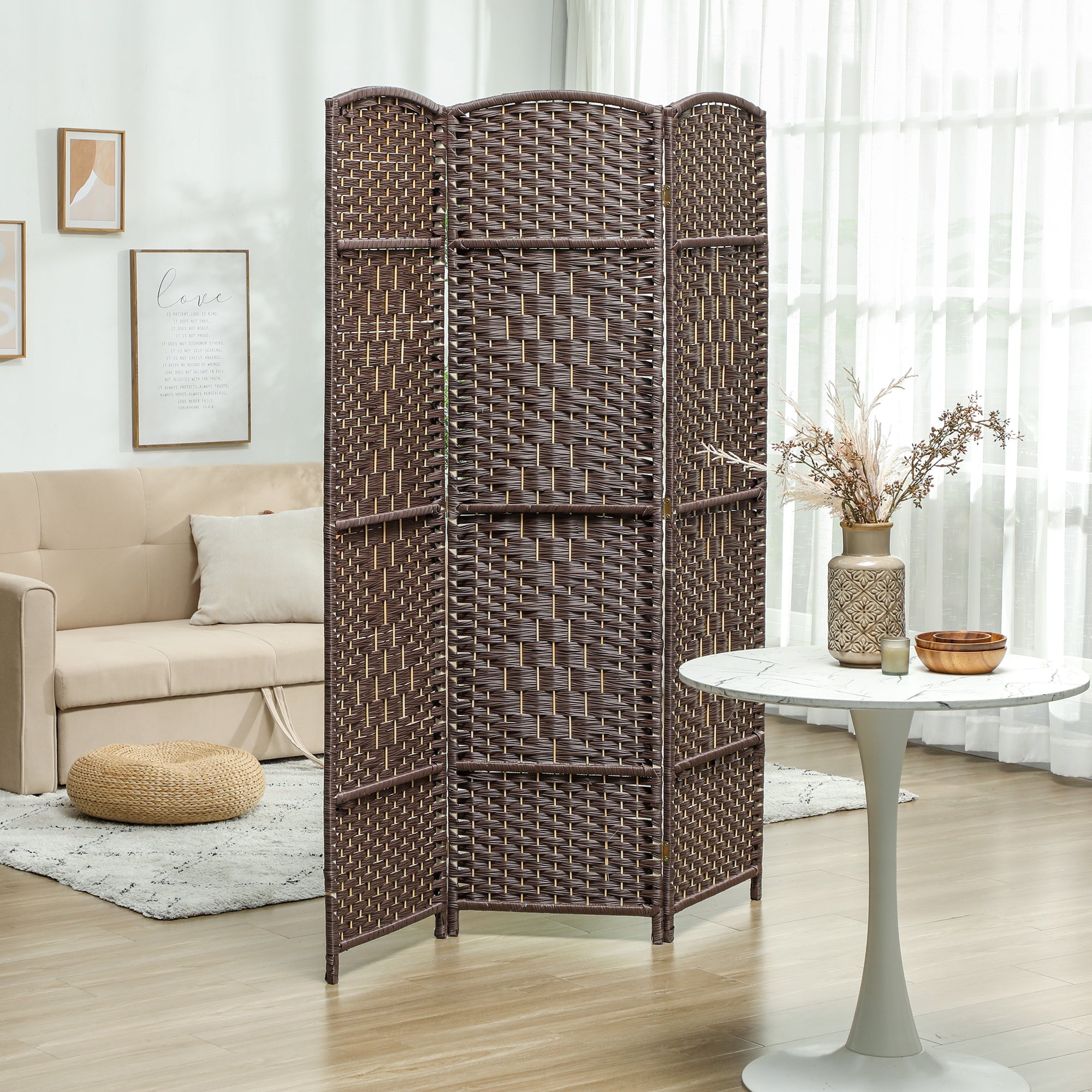 Folding Room Divider Screen 3 Panel 6' Tall Privacy Screen Freestanding Wood Partition for Home Office, Brown