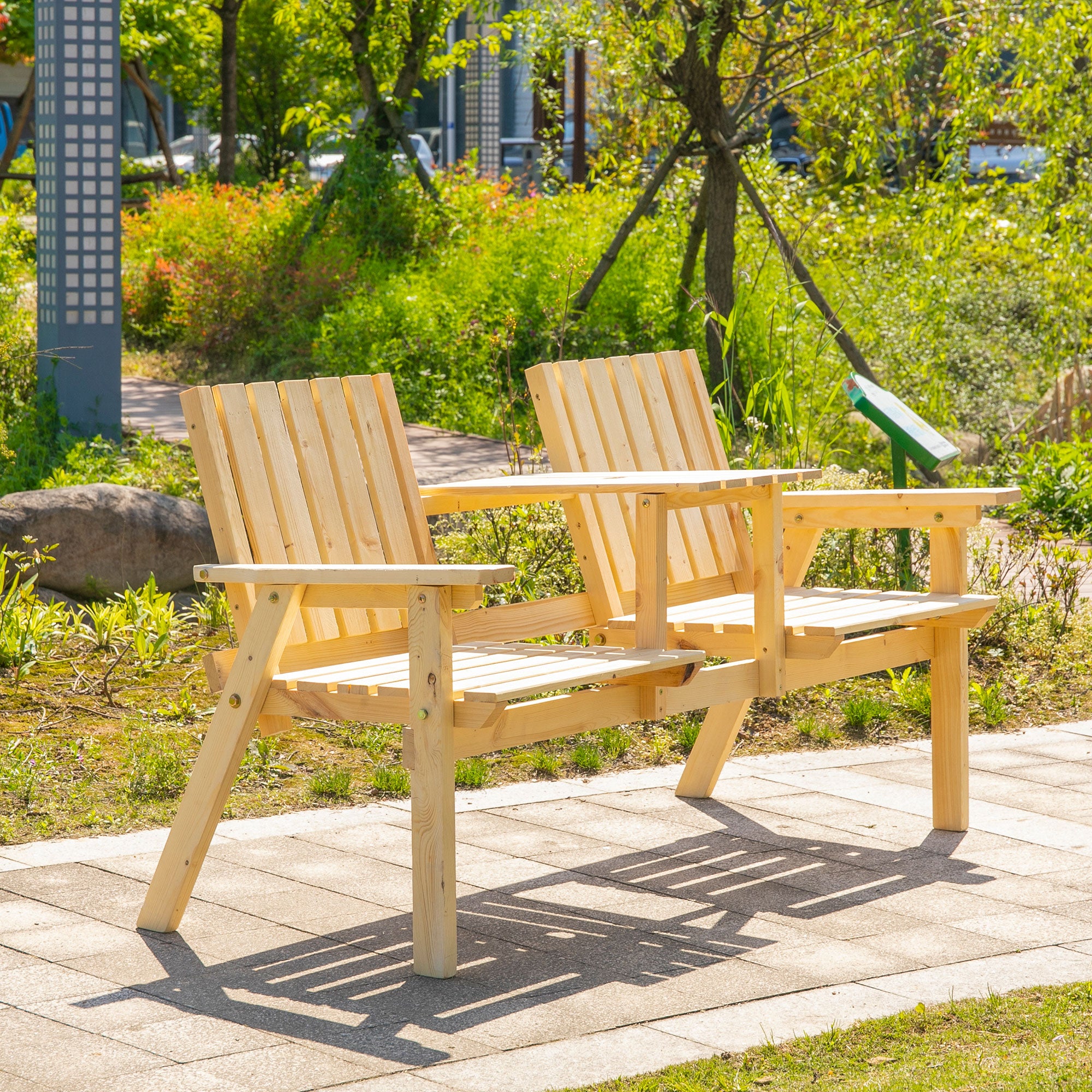 Patio Bench, Garden Bench with Middle Table and Umbrella Hole, Wooden Outdoor Bench for Patio, Porch, Poolside, Balcony, Natural