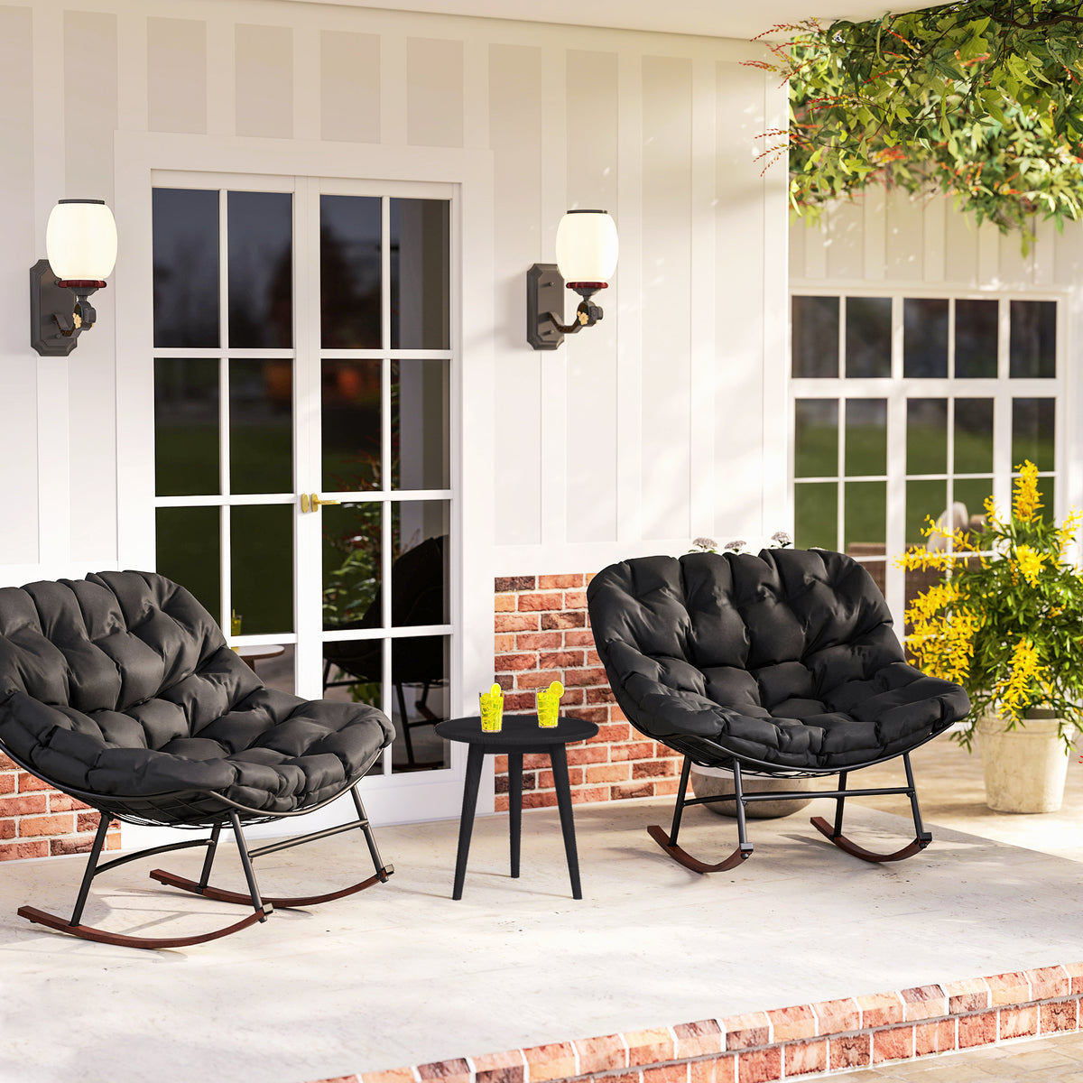 Outdoor Rocking Chair Patio Set of 2, Oversized Rocking Papasan Chairs with Cushions for Garden Porch, 265 lbs., Black