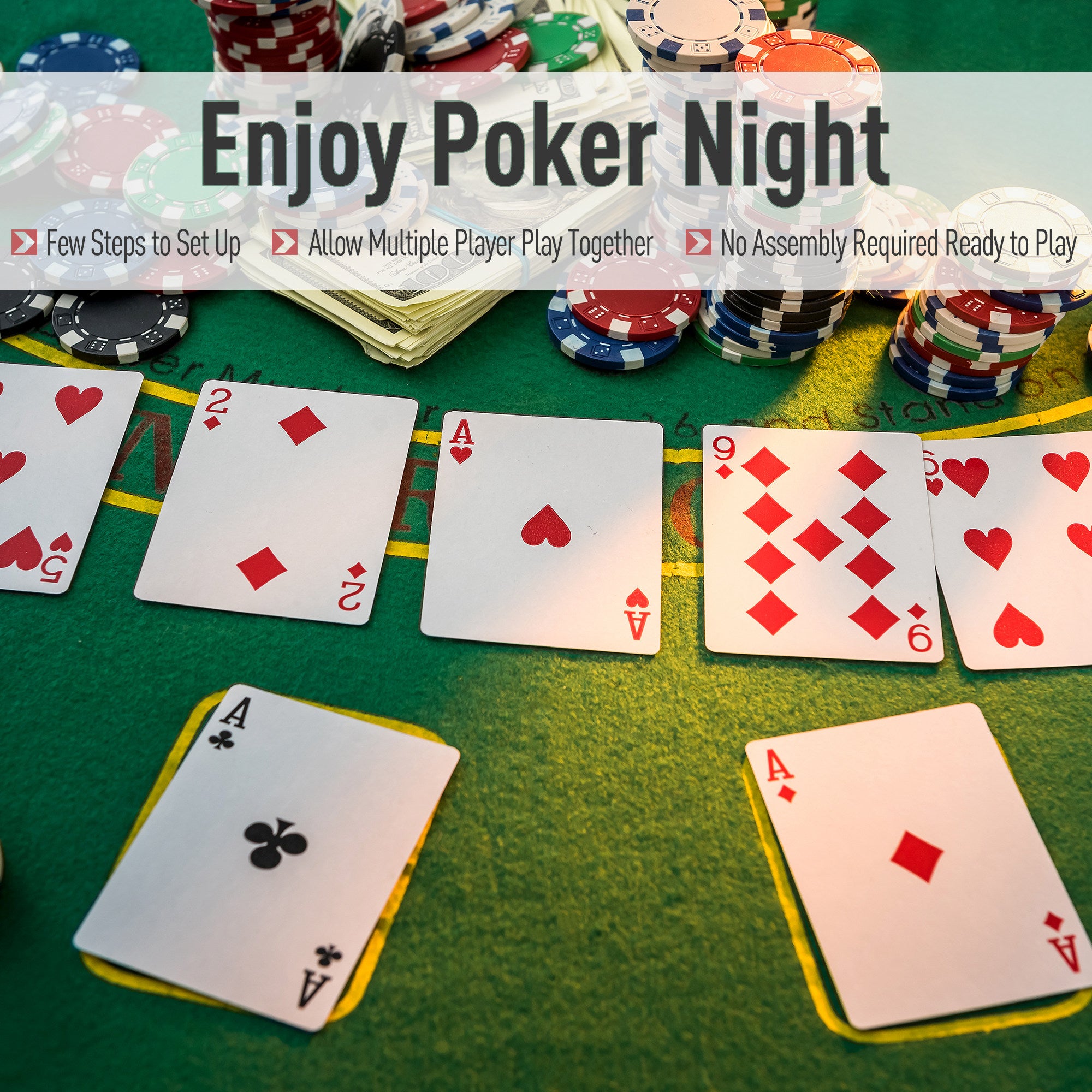 Poker Table Foldable, 47" Octagon Blackjack Poker Game Table for 8 Players with Cup Holders and Chips Tray, Blue Felt