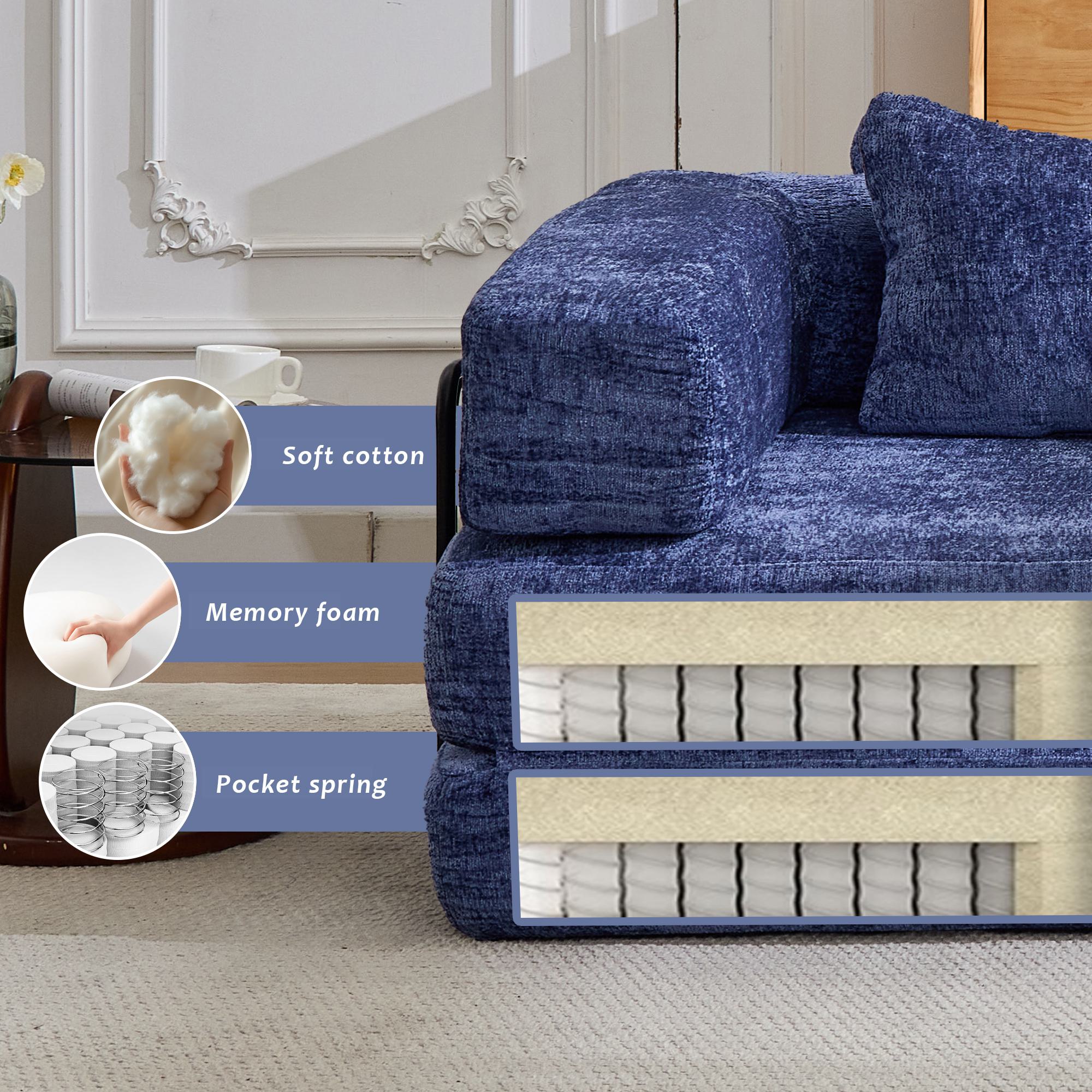 Compressed Sofa Convertible Floor Sofa Bed with Fixed-Shape Frame, Chenille Fabric, Modular Sofas for Small Spaces Single Chaise Longue for Apartments, 39.5" L x 39.5" W x 25" H, Dark Blue