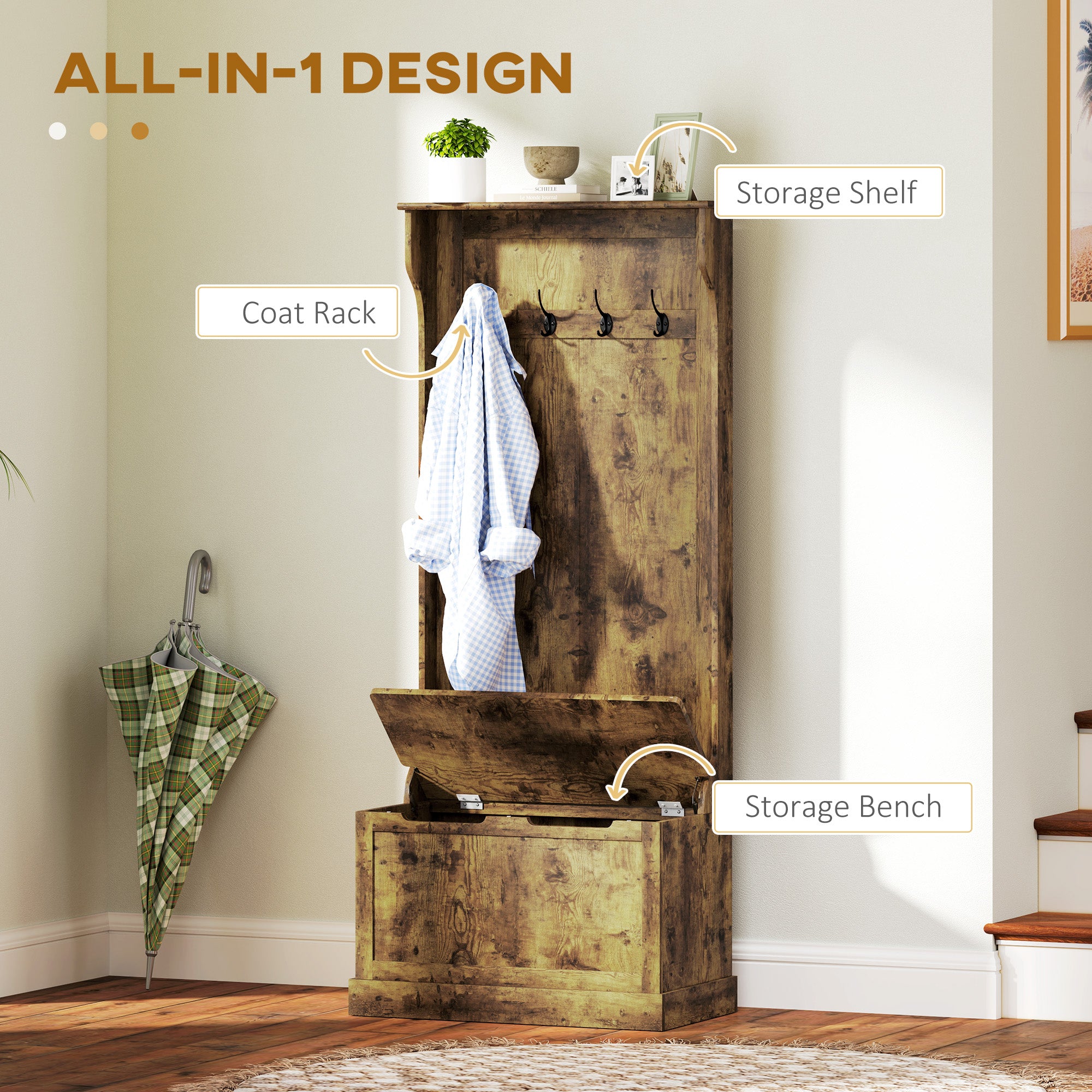 Hall Tree with Coat Rack, Storage, and Sitting Bench, Rustic Brown