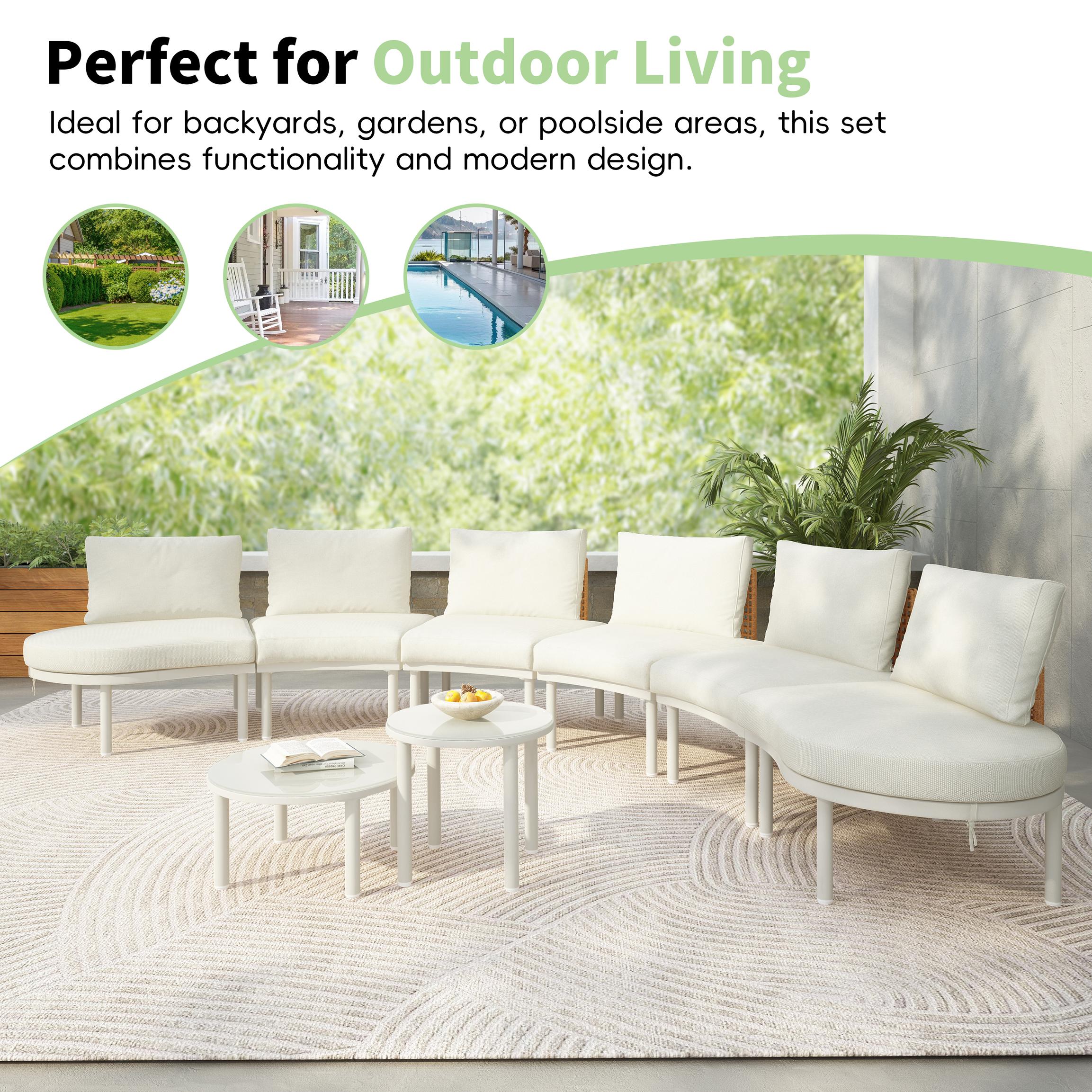 8-Piece Half Moon Patio Sectional with 2 Coffee Table & Cushion, PE Wicker Rattan Sofa Set for Poolside, 34.5'' L x 25.5'' W x 12.5'' H, Beige