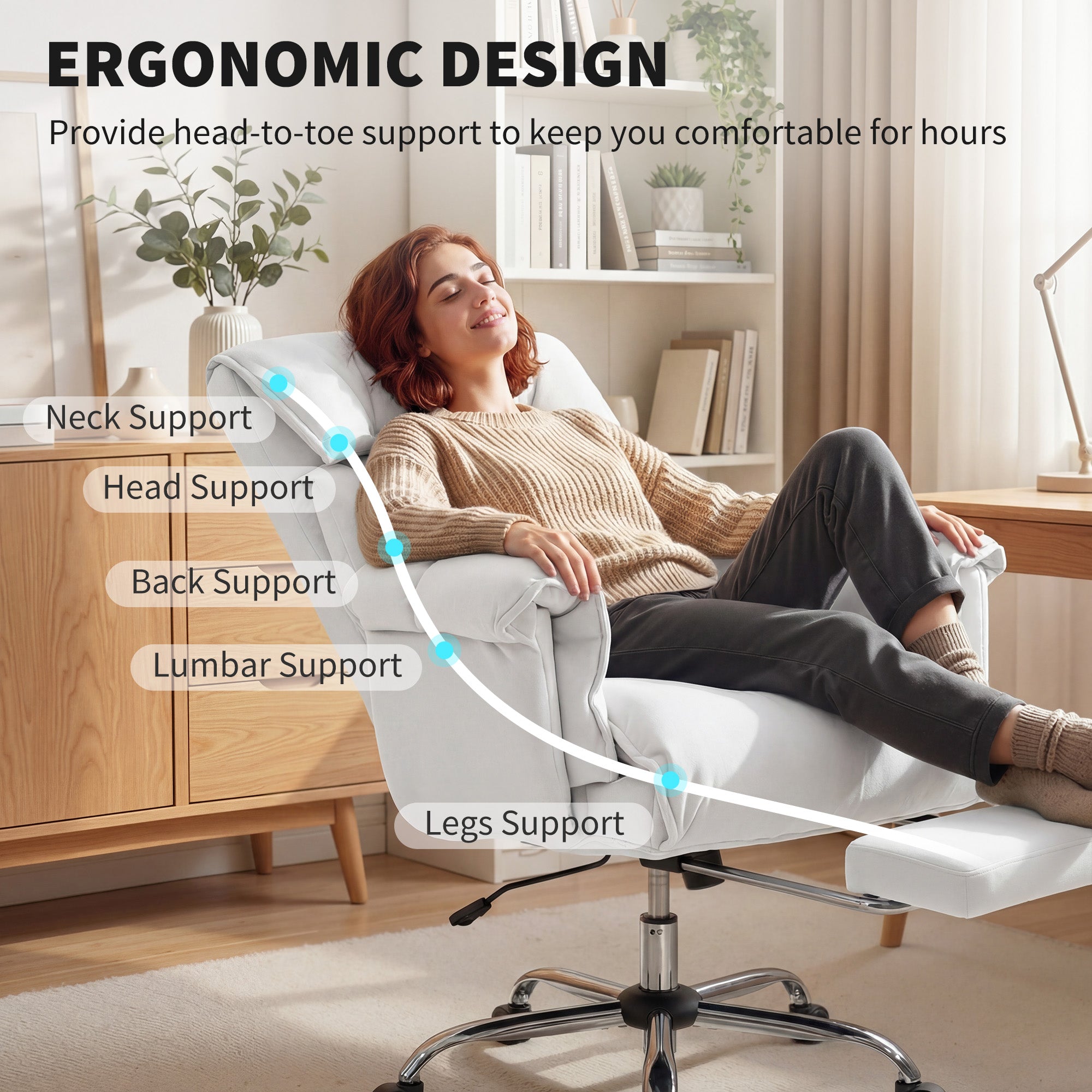 High Back Office Chair, Reclining Desk Chair with Footrest, High Resilience Foam, Rolling Wheels, Cream White