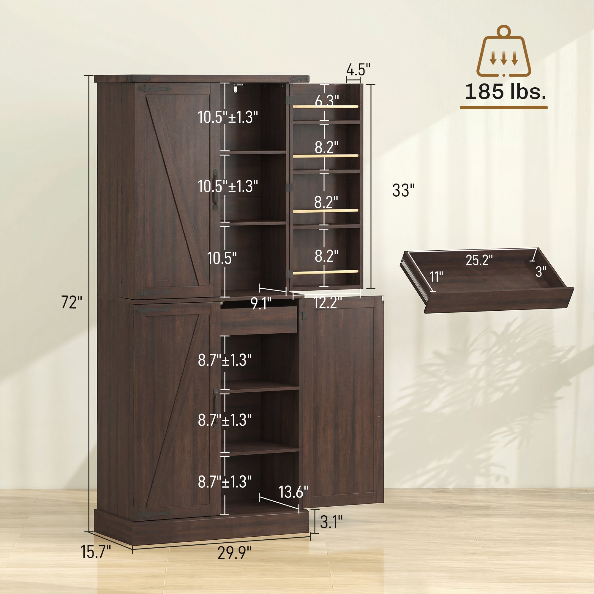 72" Tall Kitchen Pantry Cabinet, Farmhouse Storage Cabinet with 8 Door Racks and Adjustable Shelves, Brown