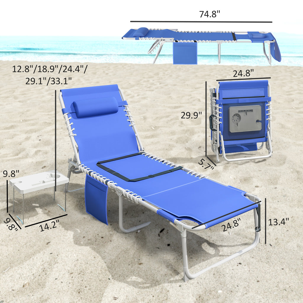 Tanning Chair Set of 2 with Face Hole and Side Table, 5-Position Folding Outdoor Chaise Lounge Chair, Navy Blue