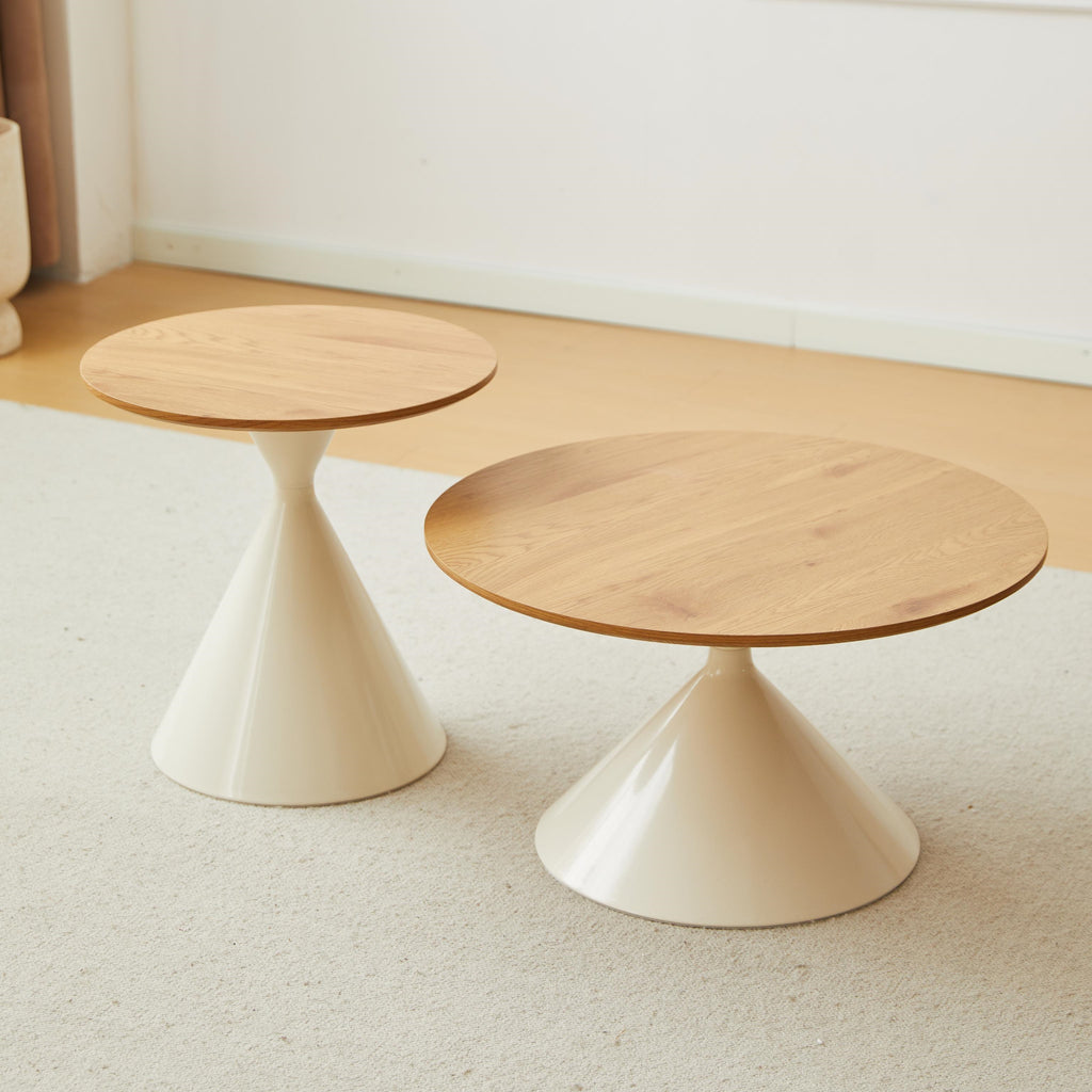 2-Piece Round Nesting Coffee Table Set with Curved Inset Edges, Tea Table Set with MDF Tops, 27.5" L x 27.5" W x 16" H, Brown+White