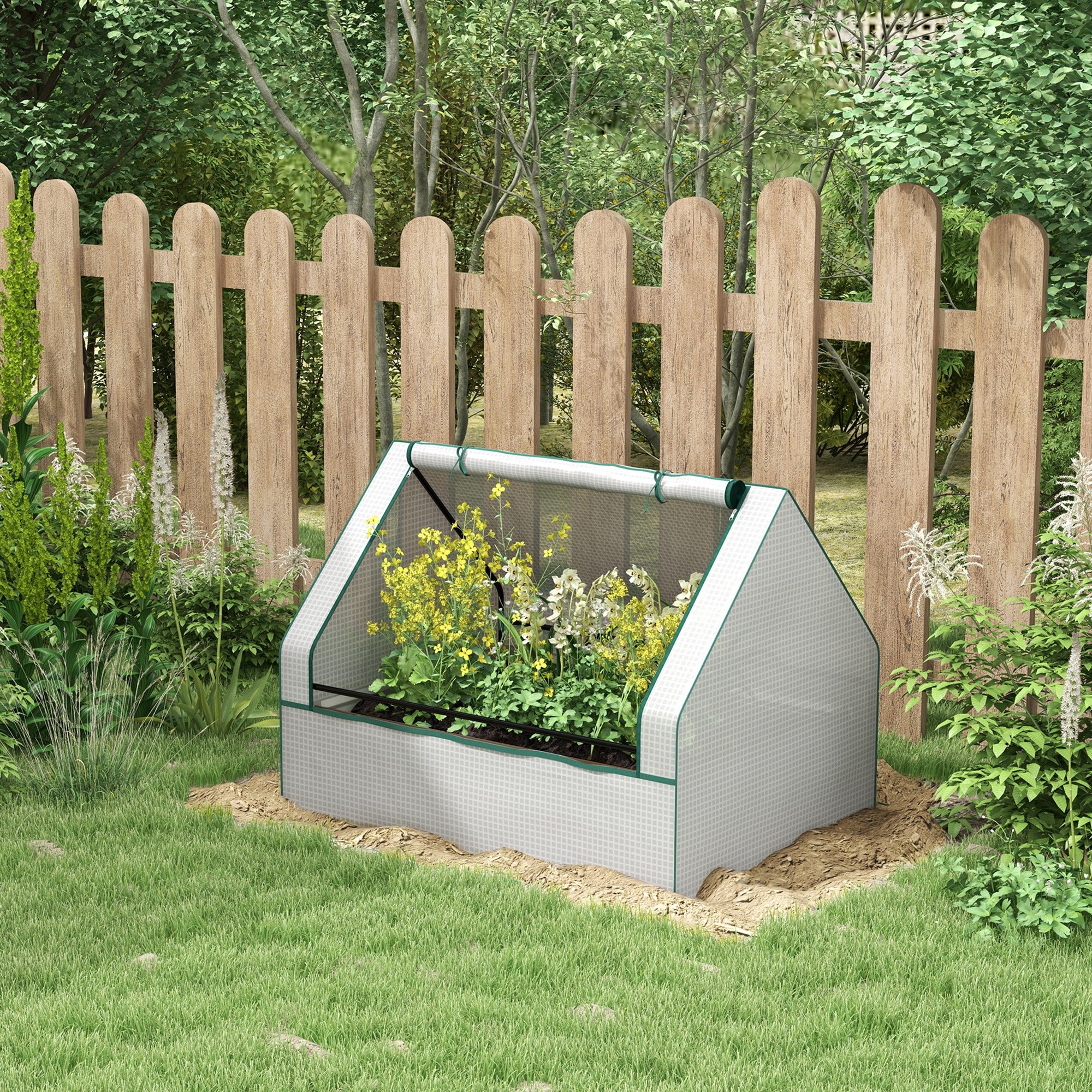 Raised Garden Bed, Outdoor Metal Planter Box with Mini Greenhouse, White and Brown