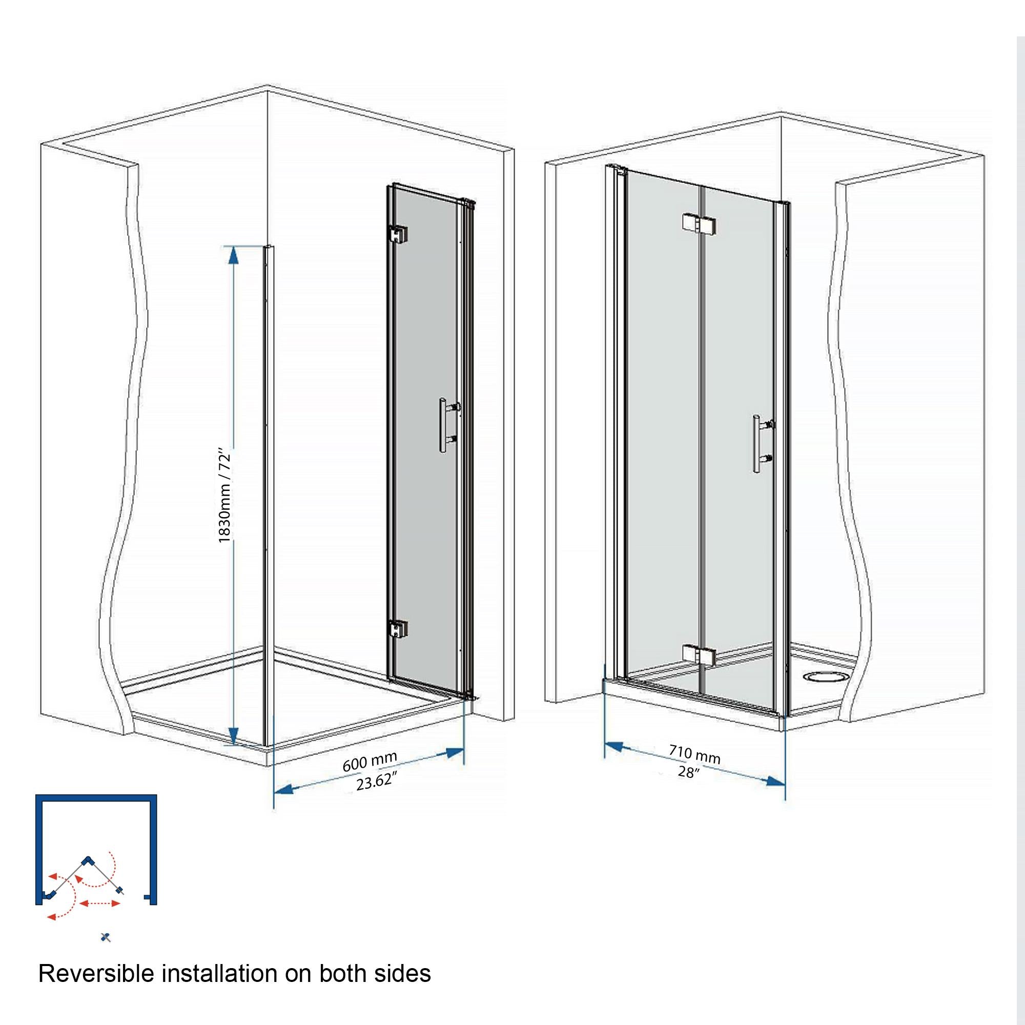 28” Bi-Fold Shower Door with Explosion-Proof Film and Tempered Glass, Bathroom Door with Stainless Steel Handle, 28" L x 0.5" W x 72" H, Chrome